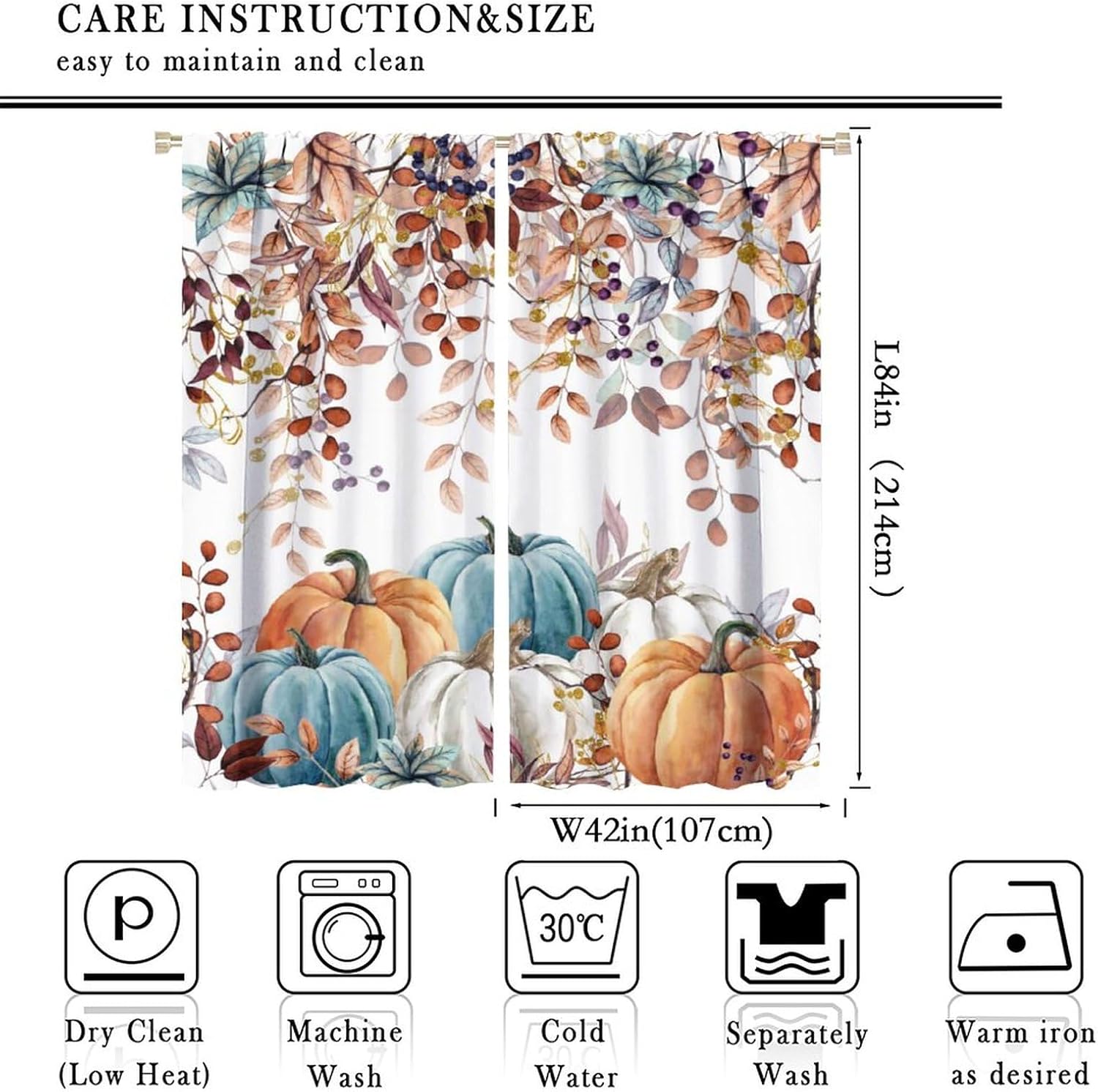 Cortinas de cocina de calabaza otoñal, rústicas, de otoño, hojas de acuarela, impresiones artísticas opacas con bolsillo para barra, cortinas de