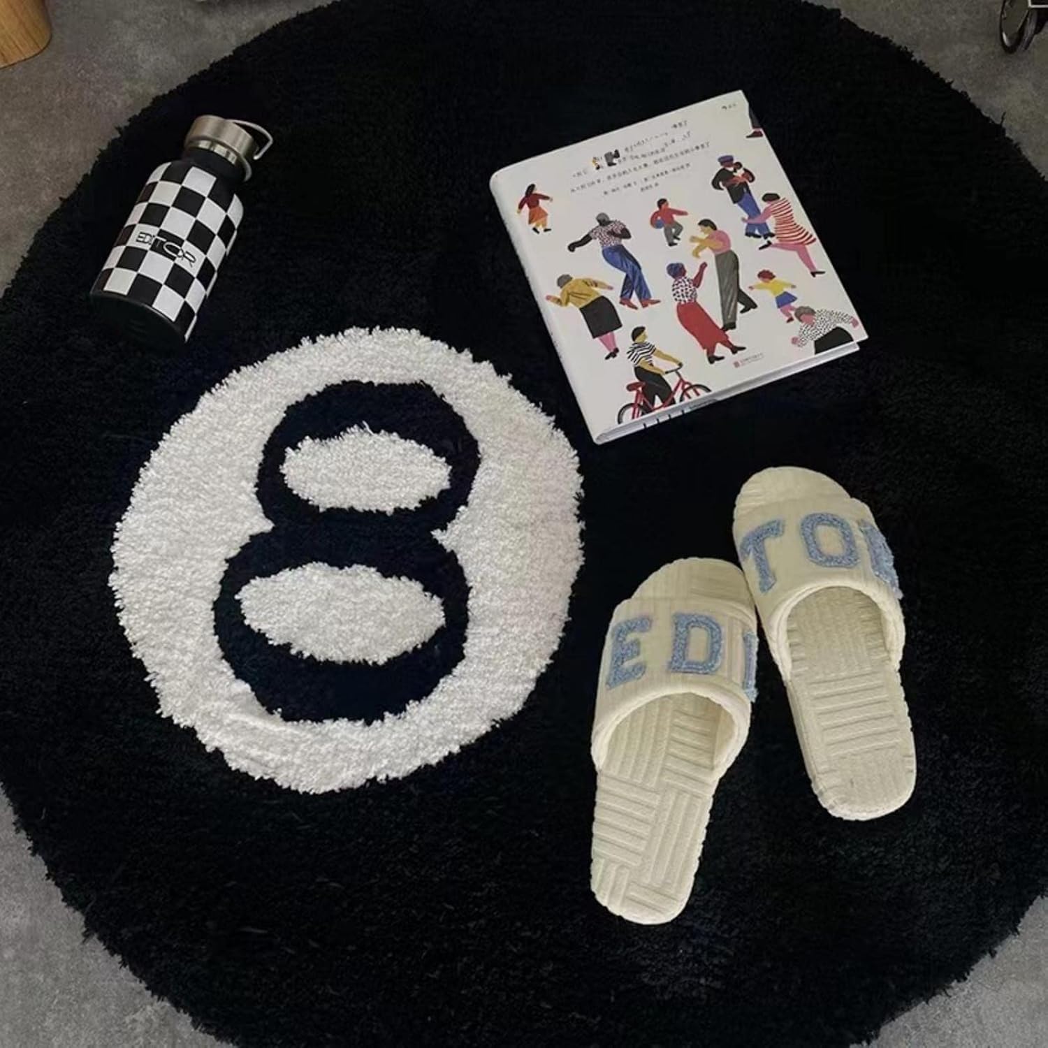 Black Billiards – Alfombra redonda de 8 bolas de 47.2 pulgadas, redonda, suave, esponjosa, color blanco y negro, alfombra decorativa antideslizante