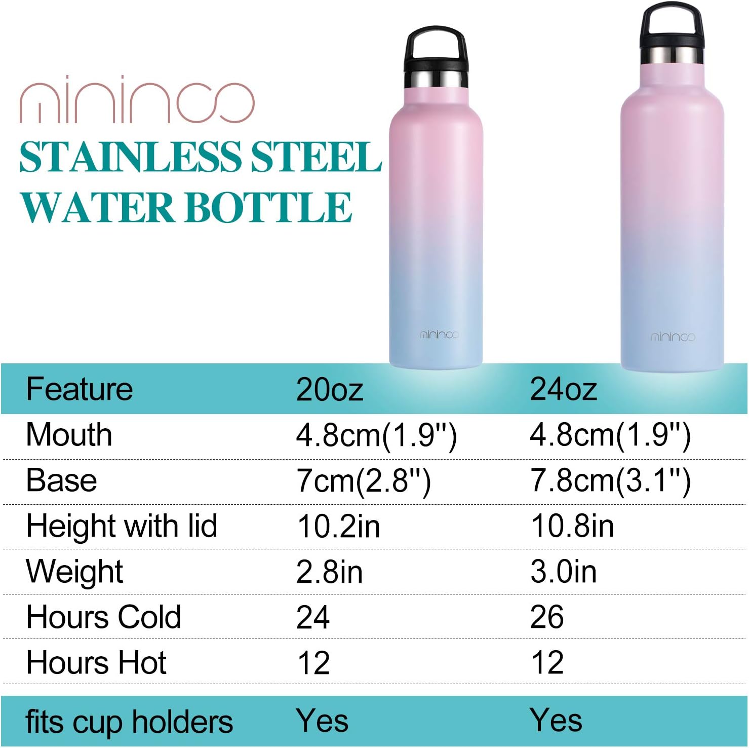 Botella de agua aislada de acero inoxidable con aislamiento al vacío de doble pared, botella de agua con tapa de asa