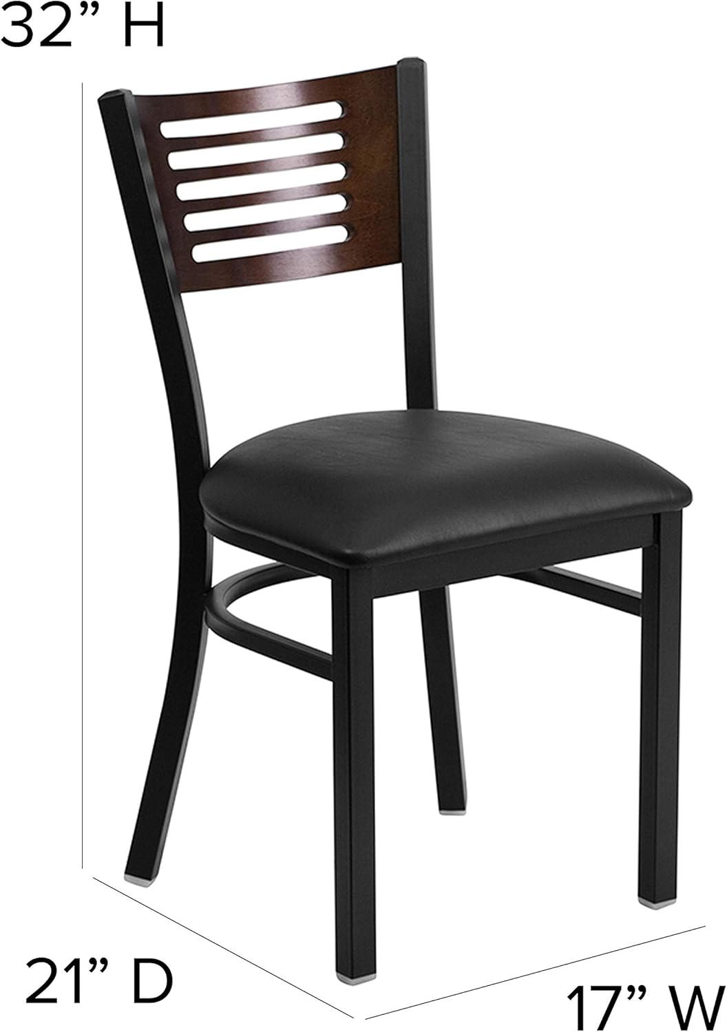 Flash Furniture HERCULES Series Silla de restaurante de metal con respaldo de listones negros, respaldo de madera de nogal, asiento de vinilo negro