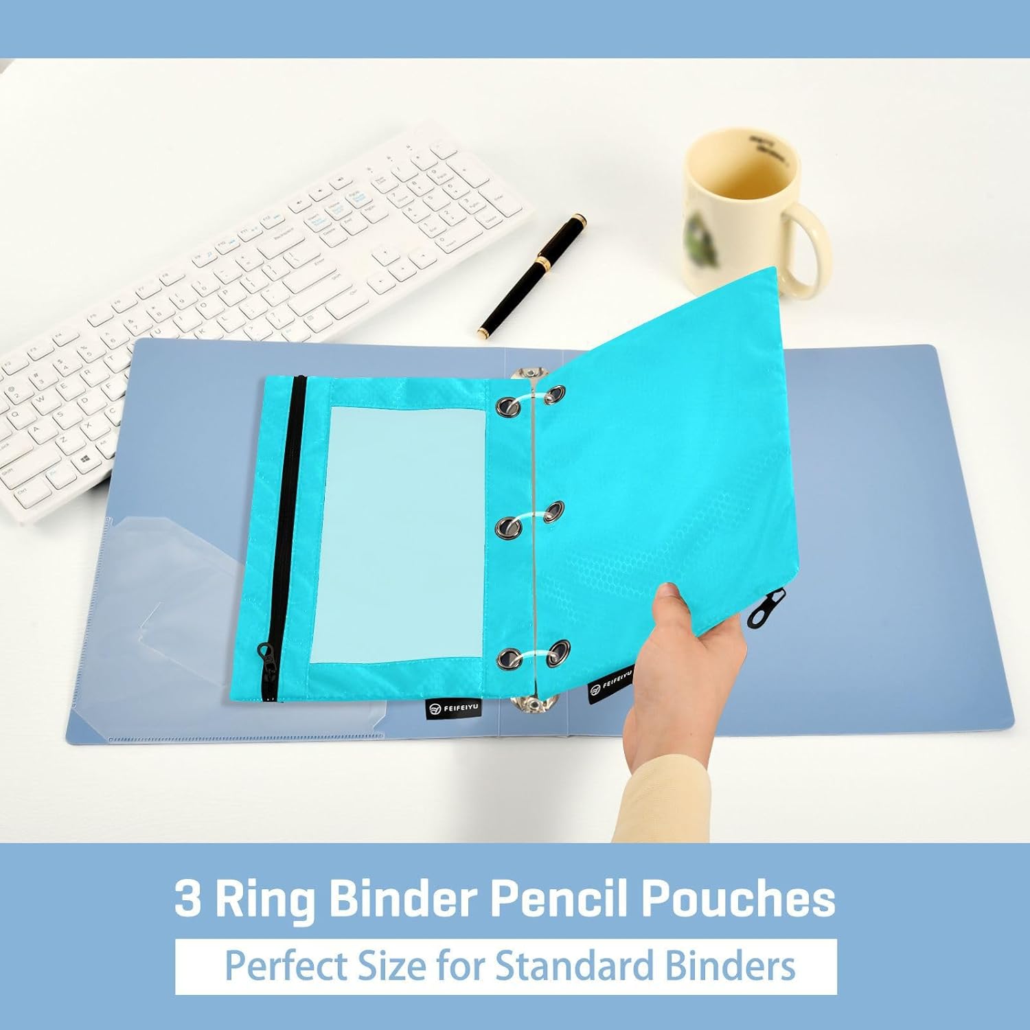 Estuche para lápices de 3 anillas, color verde azulado brillante, con cremallera, bolsas transparentes para carpetas de ventana para oficina diaria,