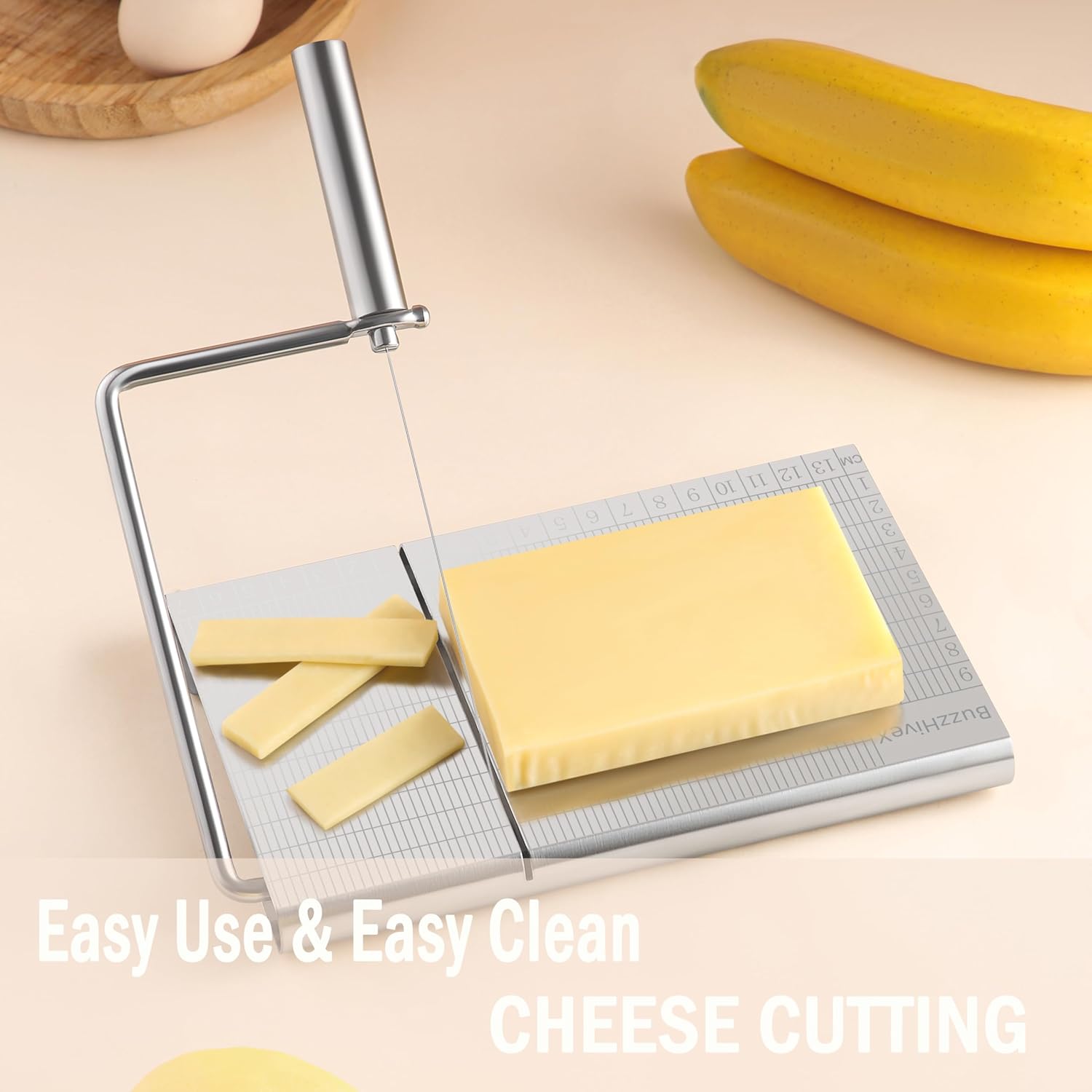Cortador de queso con tabla para queso de bloque – Tabla de cortar queso ajustable resistente con 10 cables de repuesto – Escala precisa de acero