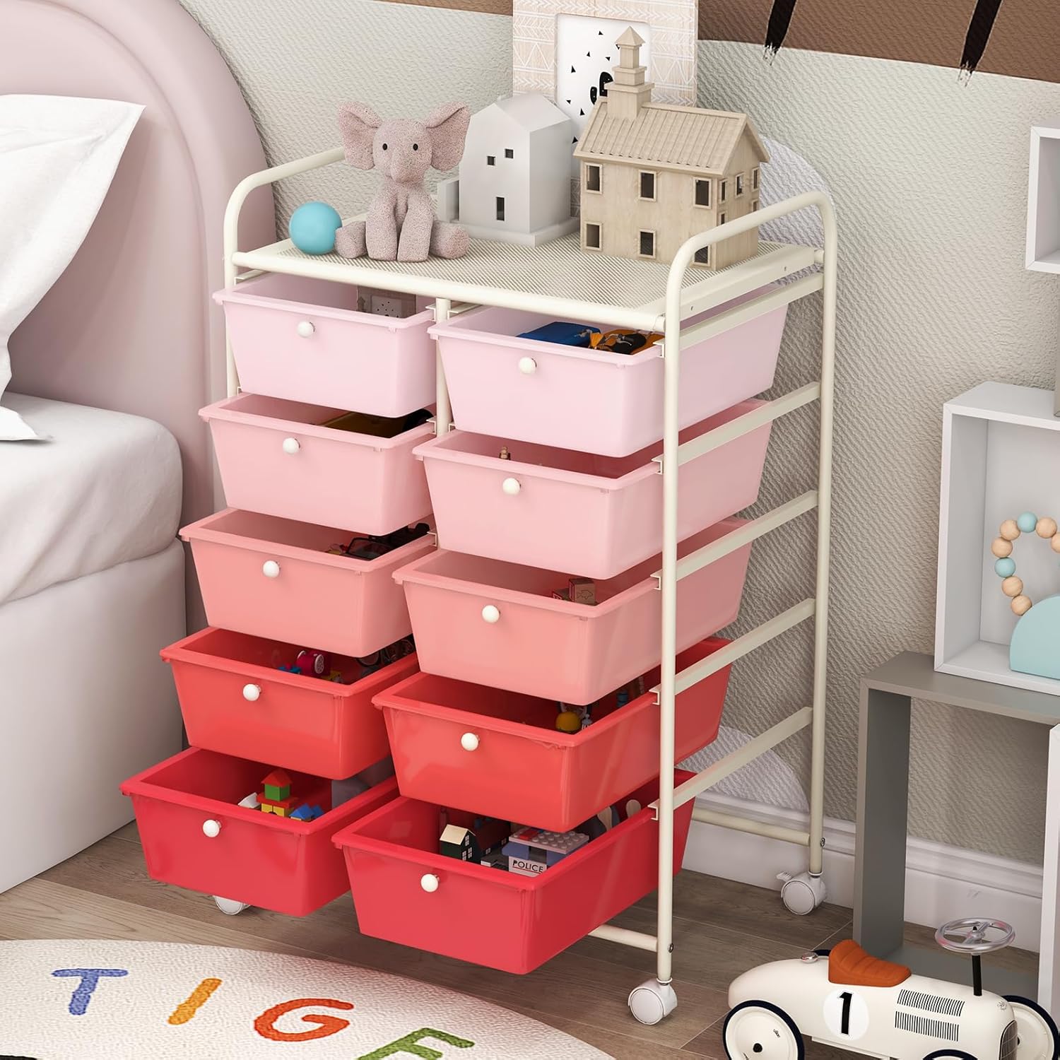 GOFLAME Carrito de almacenamiento con ruedas de 10 cajones, organizador de almacenamiento de manualidades sobre ruedas, carrito móvil multiusos para