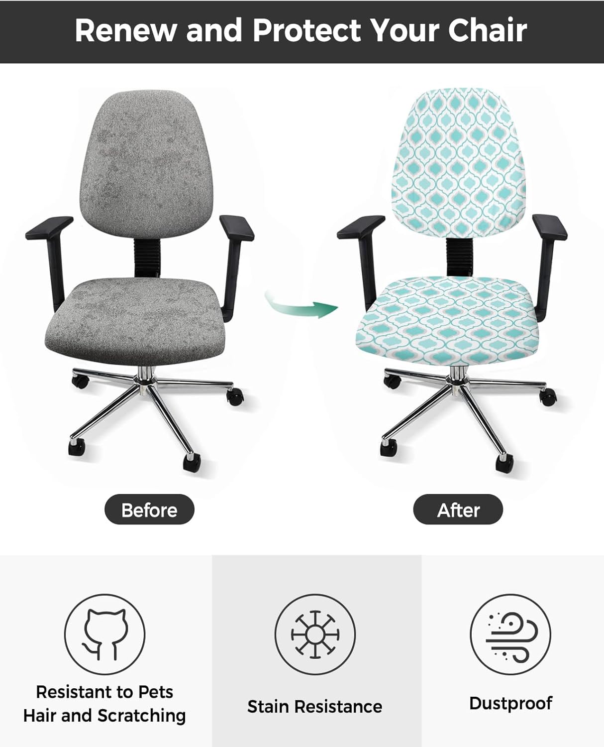 Fundas para silla de computadora de oficina, color verde azulado, turquesa, patrón geométrico, protector y elástico, resistente al agua, fundas de