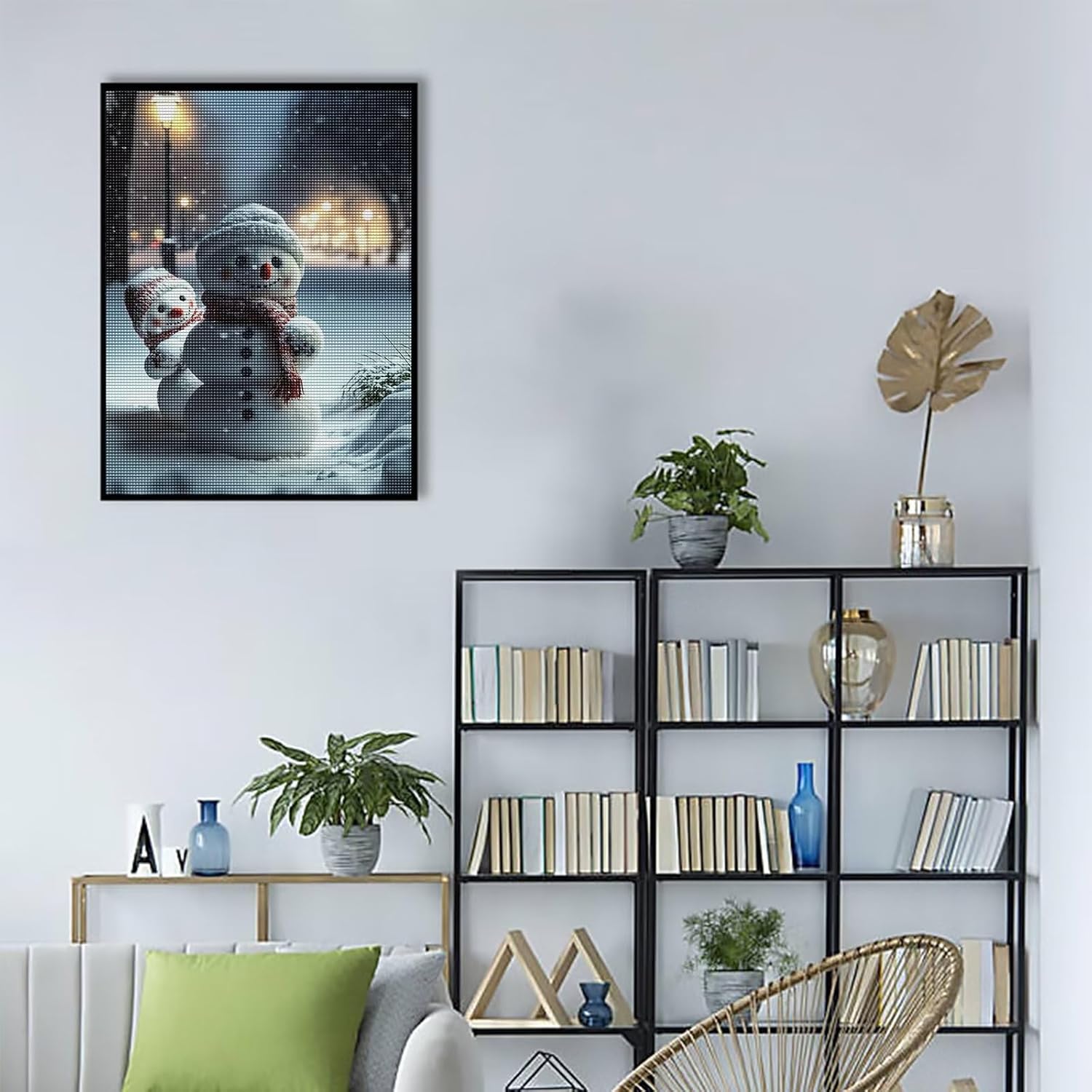 Juego de arte de diamantes  Lindo muñeco de nieve  Paisaje de invierno, arte redondo de gemas de diamante, decoración de pared de habitación de los
