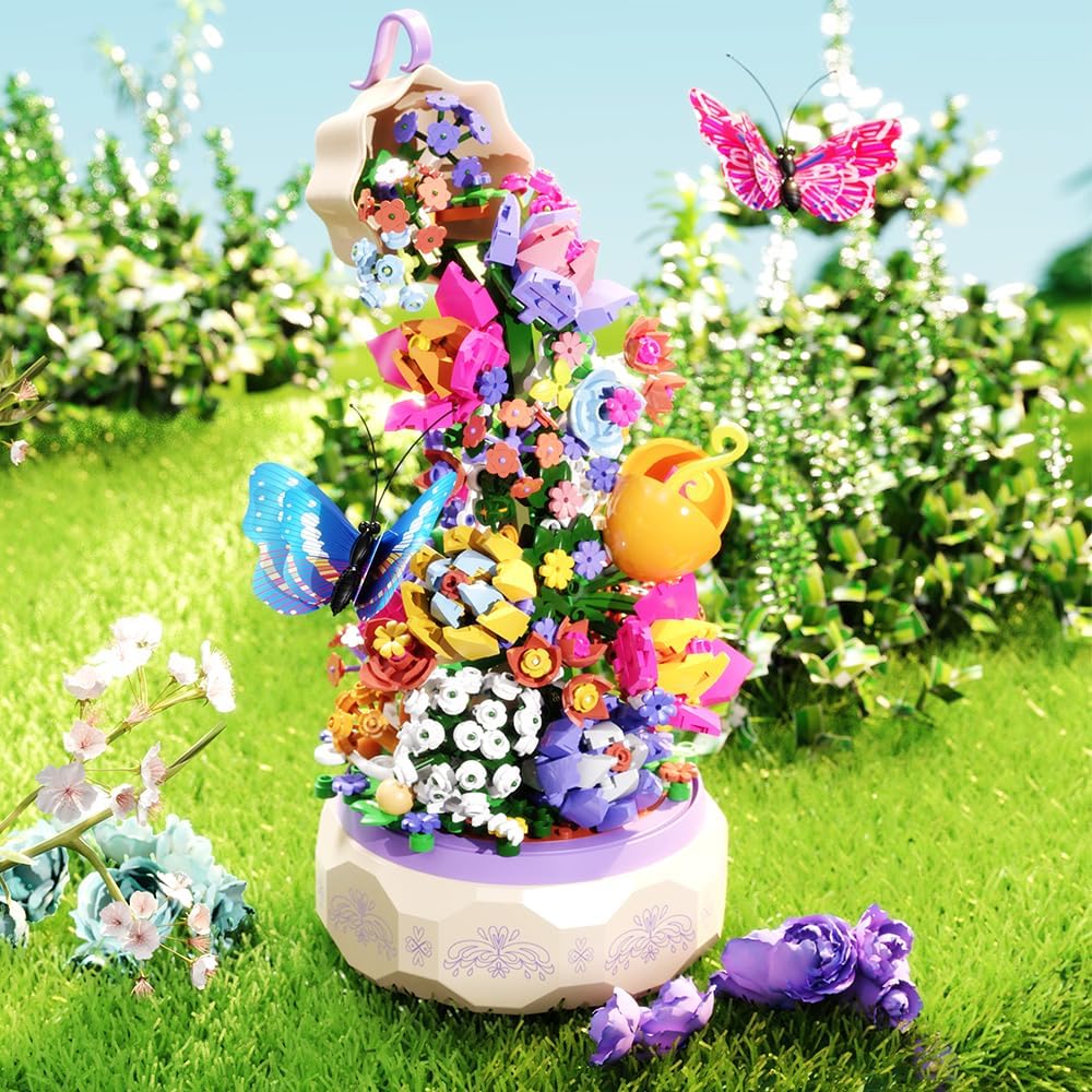 Mesiondy Juego de flores de construcción, caja giratoria de música de flores, con luz, con mariposas, regalo de cumpleaños, kits de construcción de
