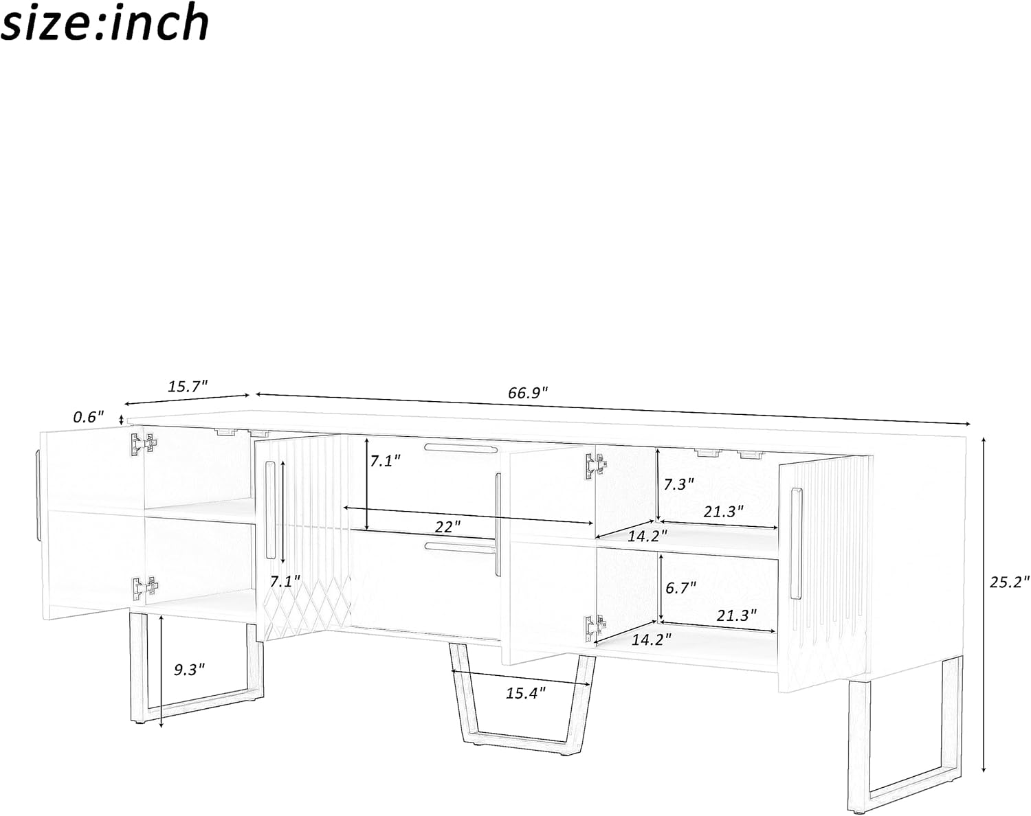 Moderno mueble de almacenamiento para TV con 2 cajones y gabinetes, mesa consola de TV para sala de estar con patas y asas de metal para televisores
