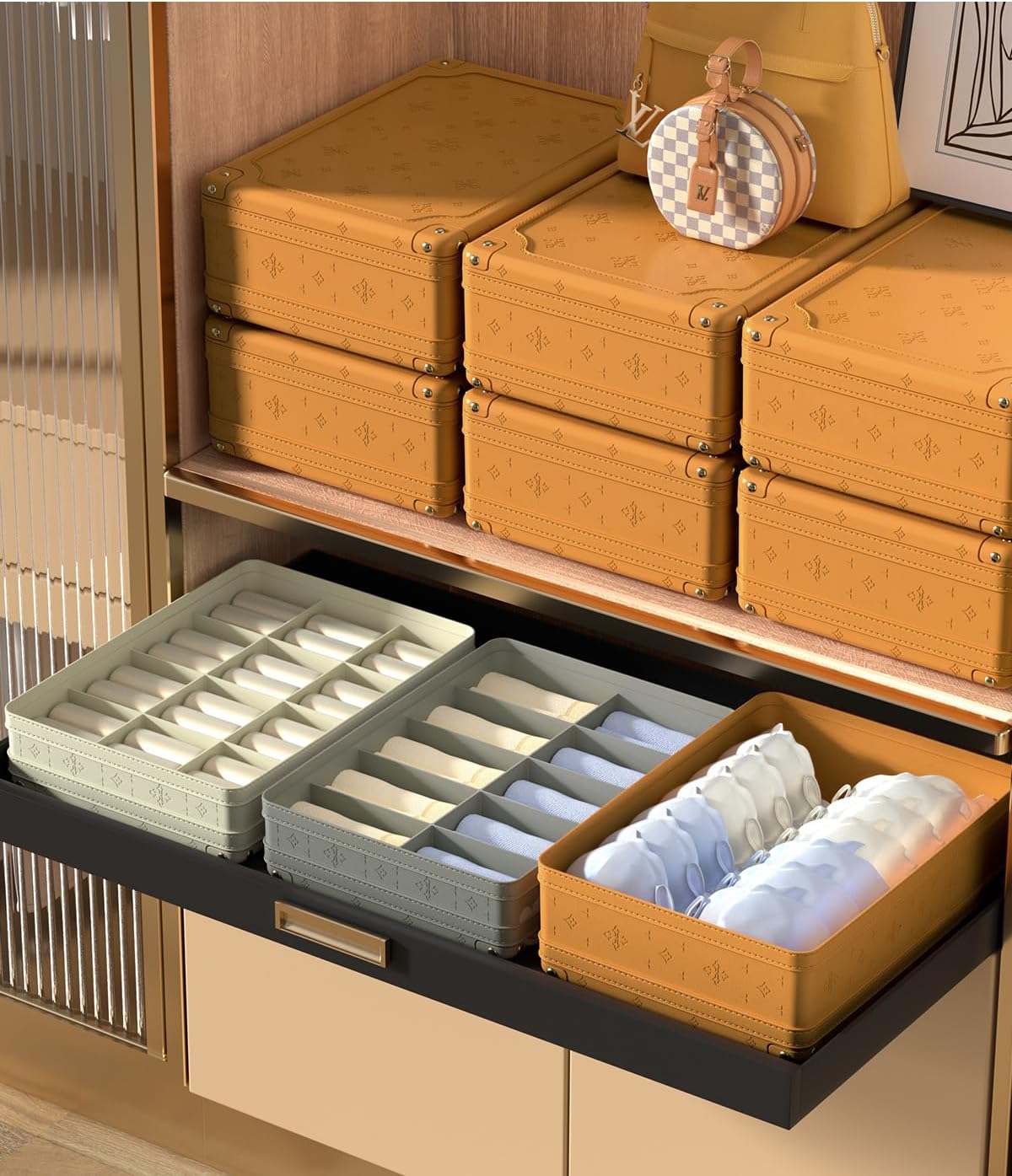 BEAU COLIN Organizador de cajones para ropa interior, organizador de 10 celdas de calcetines con tapa, cajas de almacenamiento apilables para
