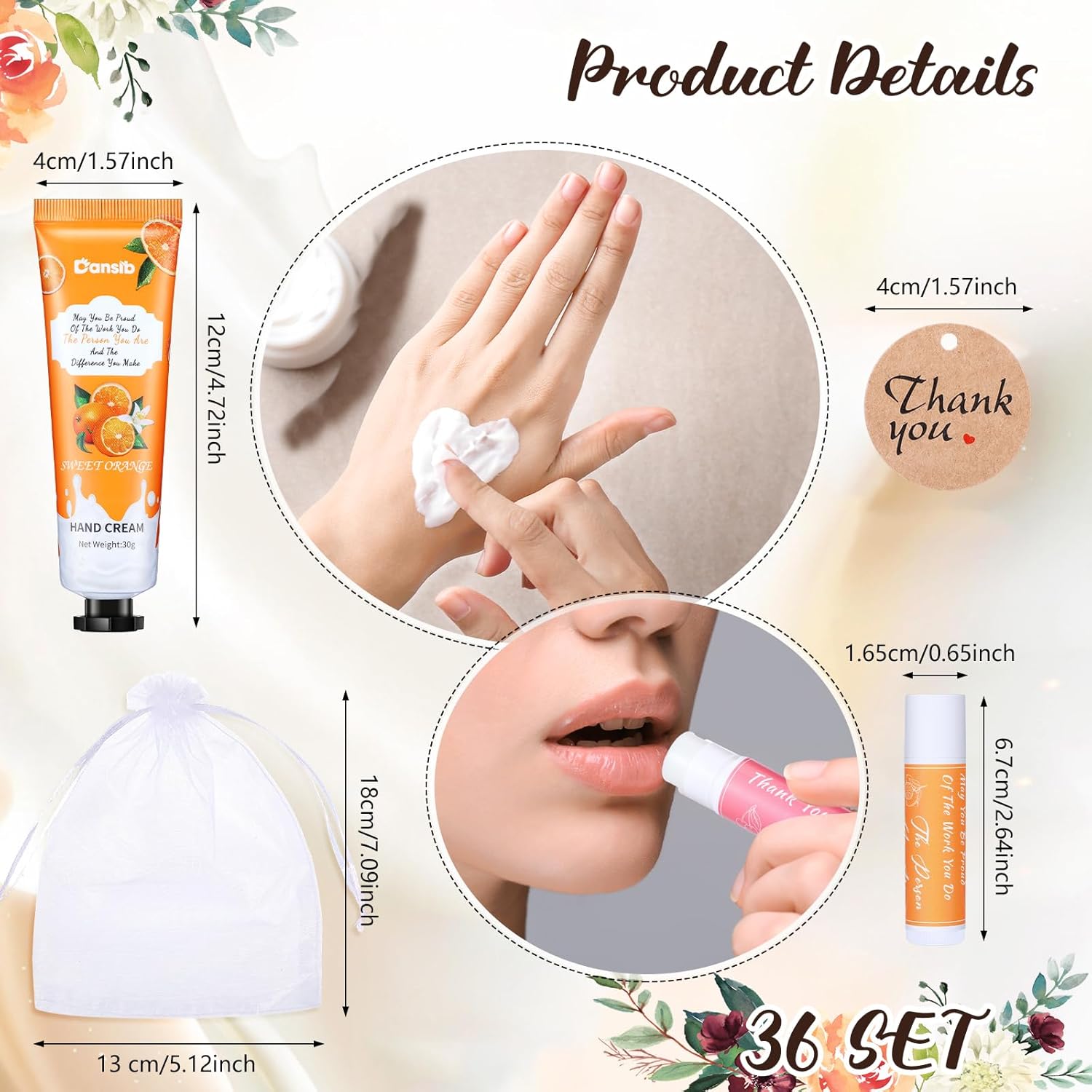 Regalos de agradecimiento para empleados crema de manos y bálsamo labial a granel con bolsa de organza, tarjeta de agradecimiento, loción de manos,