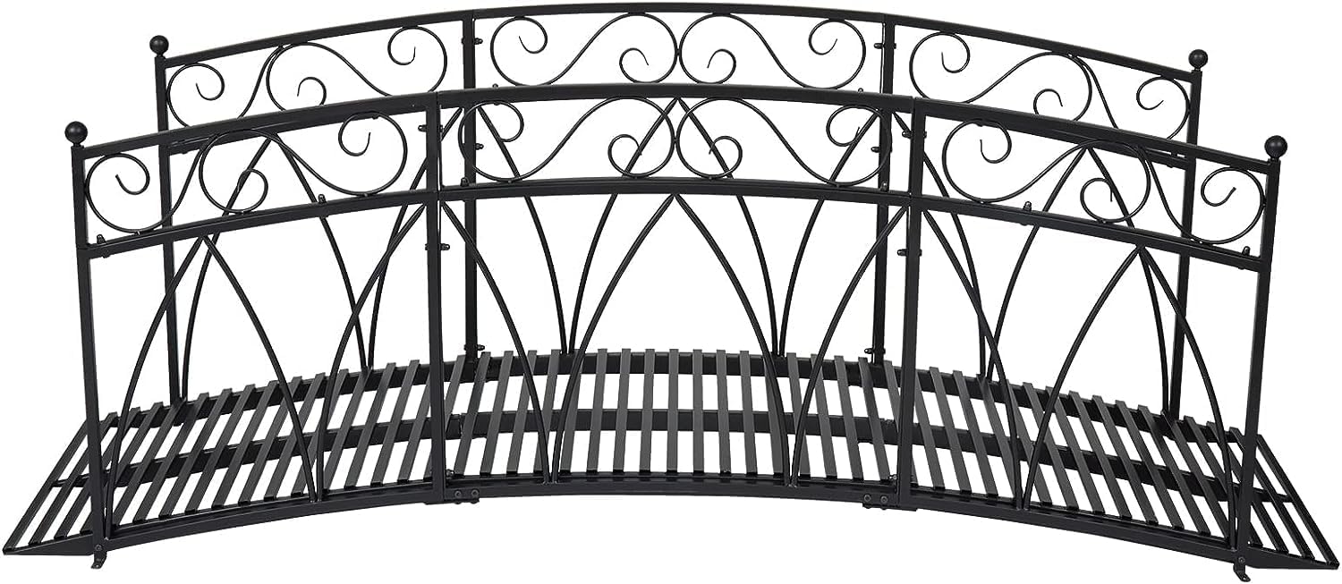 Puente de jardín de metal de 8 pies con carriles laterales con patrones de seguridad, puente de arco de jardín extralargo decorativo para