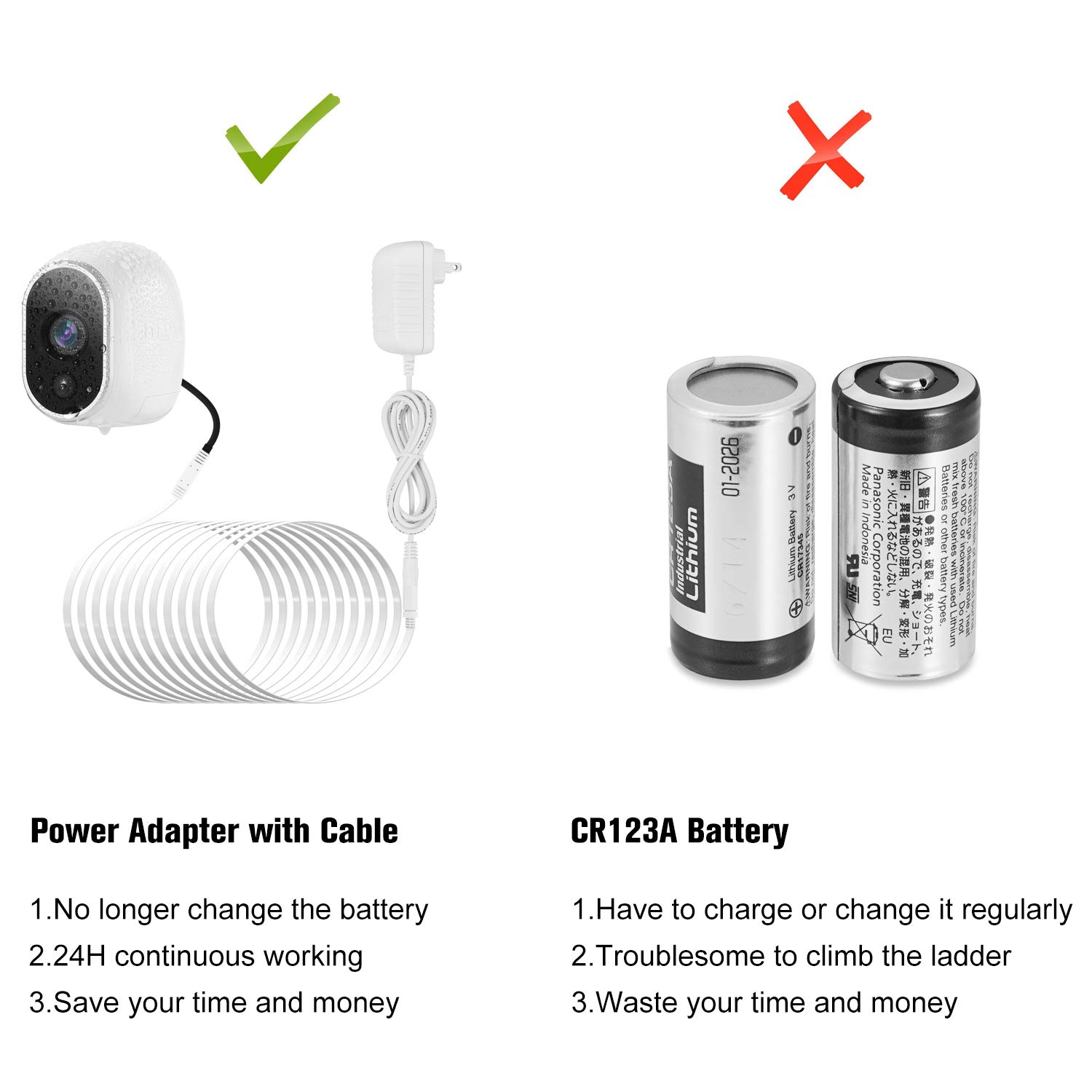 Adaptador de corriente compatible con Arlo (reemplazo CR123A), con cable de 25 pies24.6 ft resistente a la intemperie para exteriores alimenta