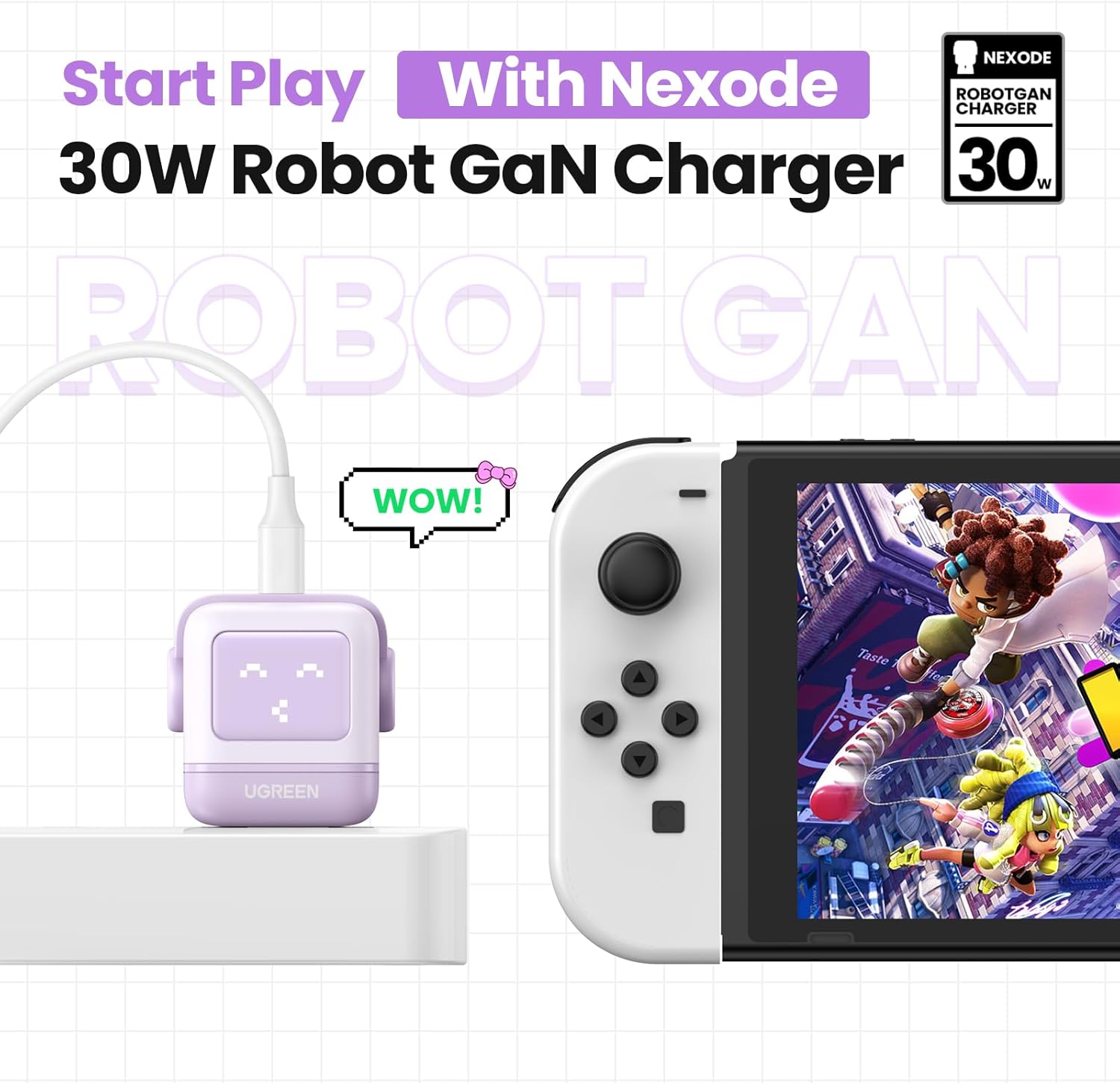 UGREEN Cargador USB C RG de 30 W, Nexode Robot GaN Bloque de cargador rápido, adaptador de corriente de cargador de pared compacto para iPhone 15