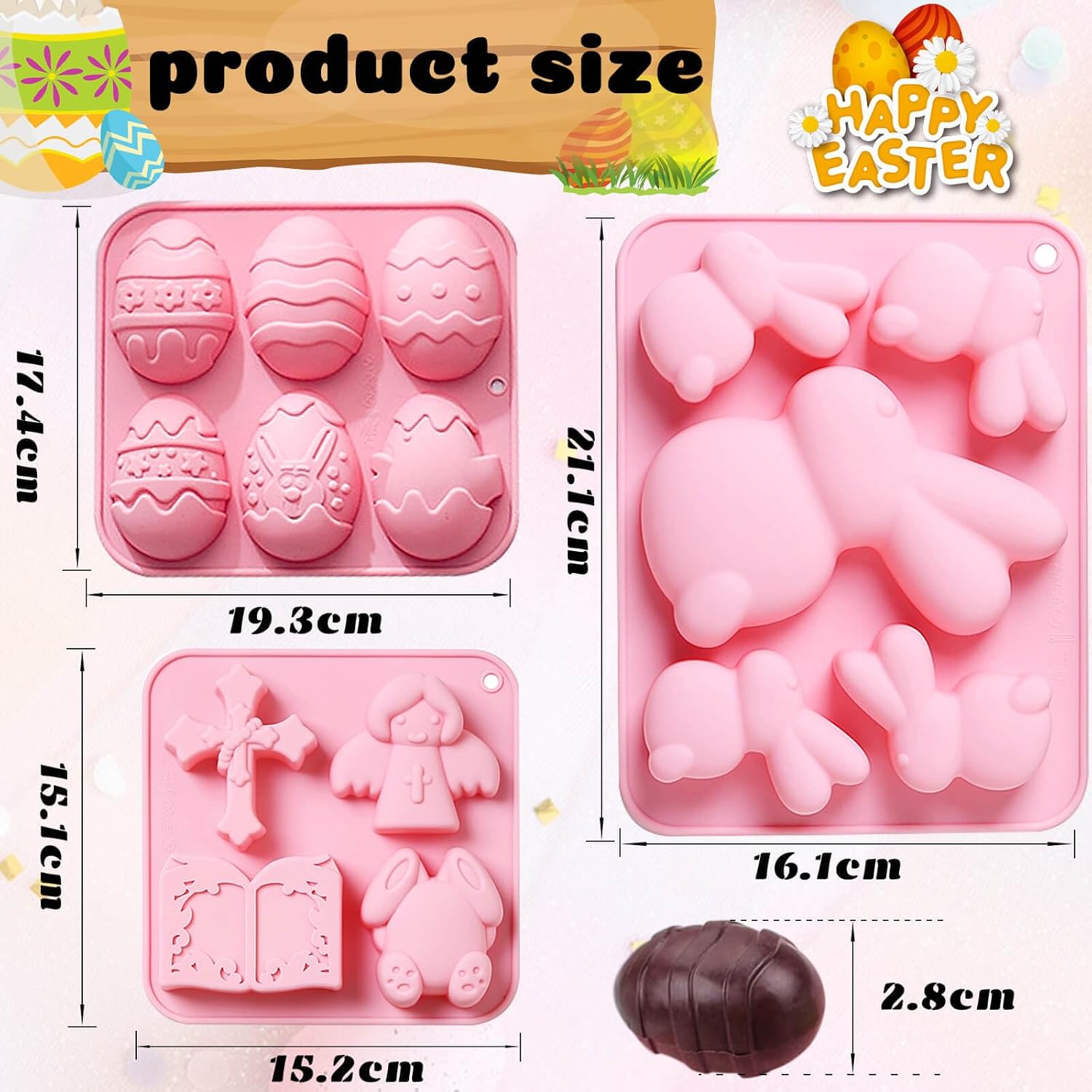 Paquete de 3 moldes de silicona de conejo de Pascua para hornear, moldes grandes de silicona para huevos de Pascua, pavo y cruz, molde de chocolate