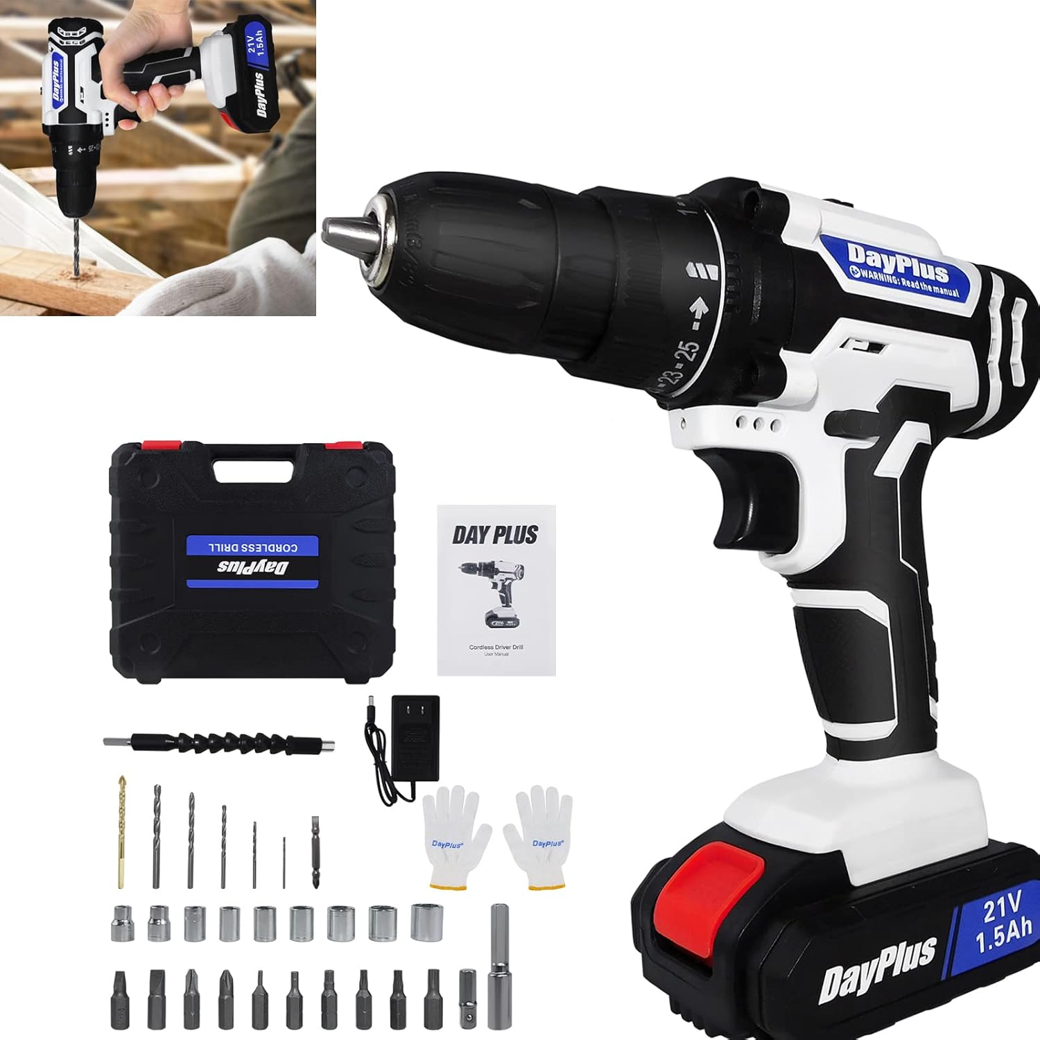 Juego de taladro inalámbrico de 21 V Max, herramienta de taladro eléctrico con batería de iones de litio y cargador rápido, velocidad variable,