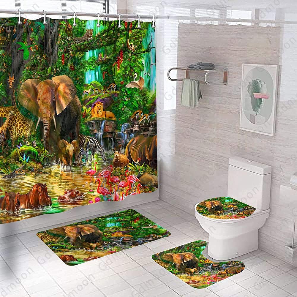 Cortina de ducha de animales de selva tropical, selva, elefante, león, flamenco, jirafa, cebra, mono, rinoceronte, vida silvestre, zoológico, para