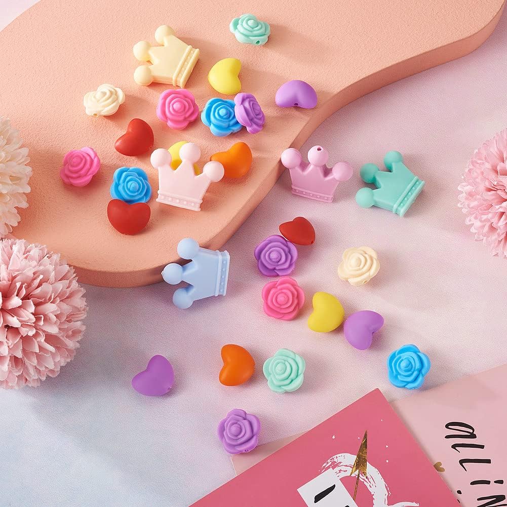 30 cuentas de silicona de corazón, corona, cuentas de goma, flores de silicona, cuentas sueltas de silicona a granel para mujeres, pulseras,