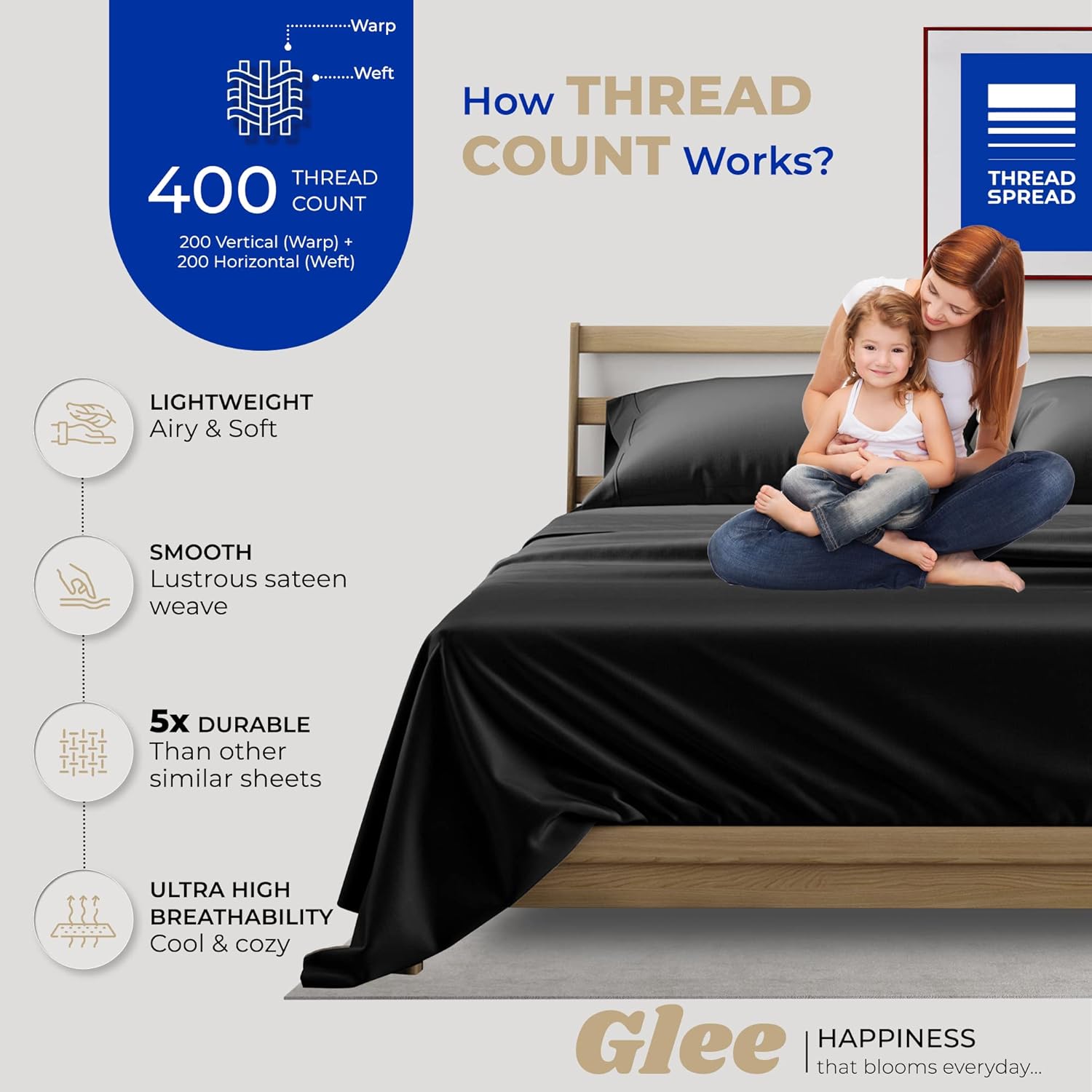 THREAD SPREAD Sábanas de 100 % algodón para cama tamaño King, juego de sábanas de algodón de 4 piezas de 400 hilos, sábanas refrescantes suaves y