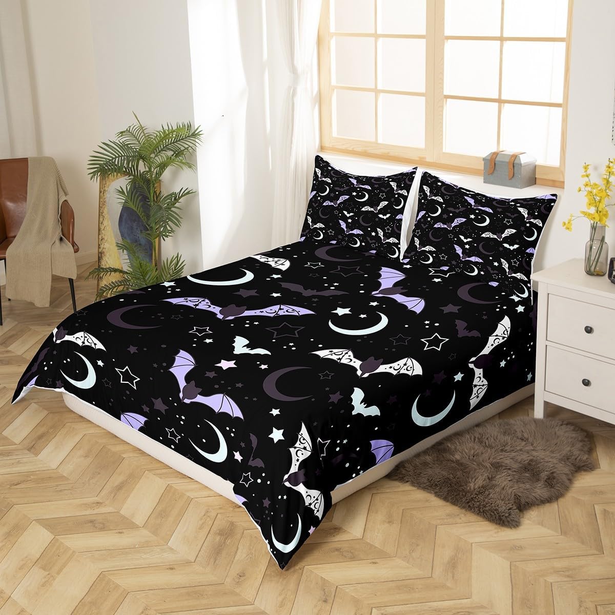Feelyou Juego de funda de edredón con diseño de murciélagos, tamaño King, juego de ropa de cama de Halloween para niños y niñas, estampado de