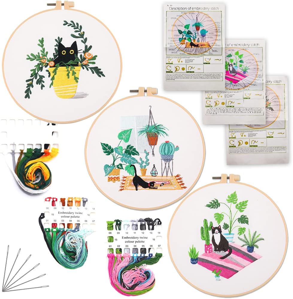 SIMEIQI Kit de bordado de 3 juegos para principiantes con patrón e instrucciones (idioma español no garantizado), kit de punto de cruz para adultos,