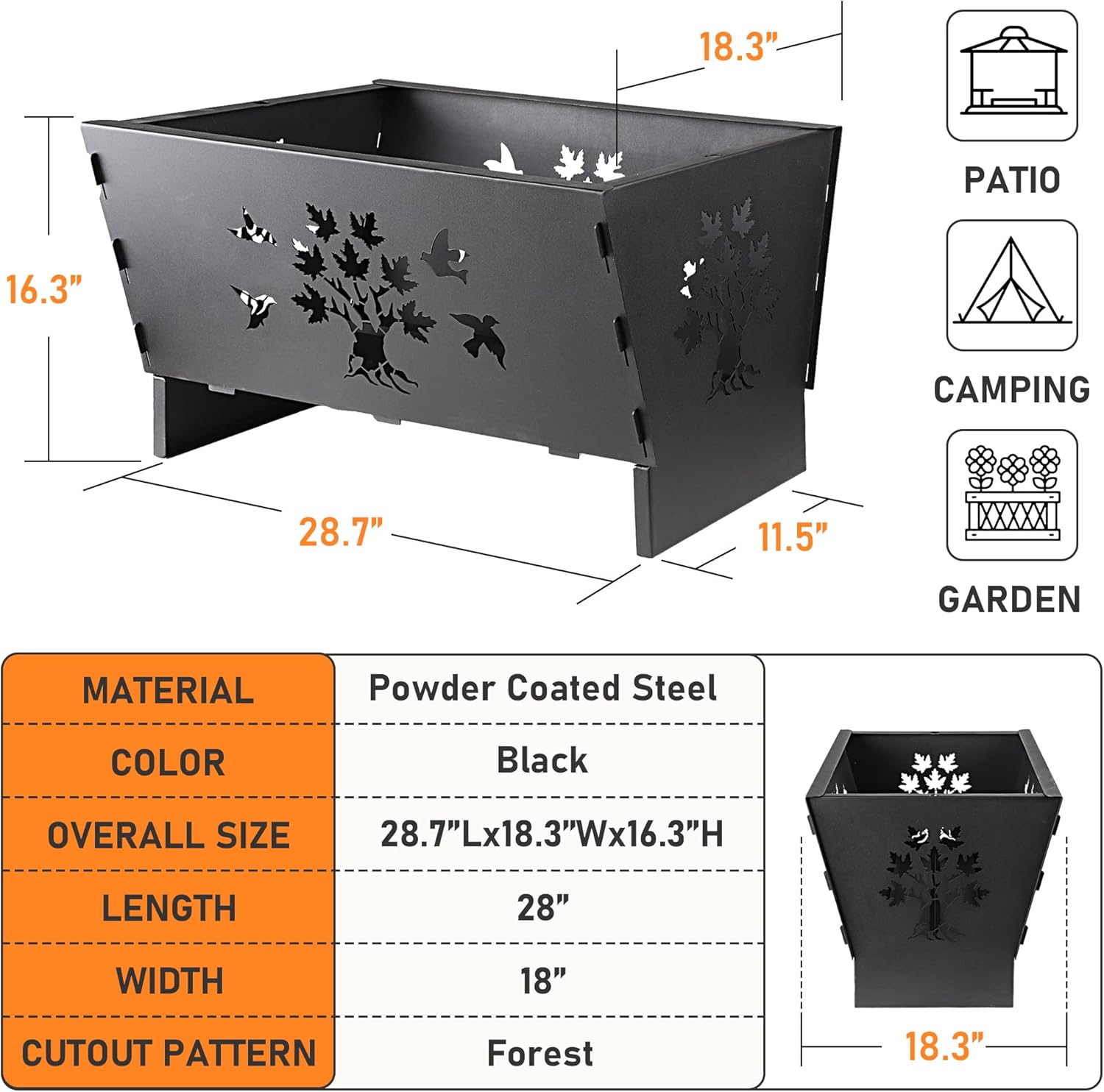 Pozo de fuego, fogatas de madera, hoguera, hogueras para exteriores, hoguera rectangular de hierro fundido de 28 pulgadas para patio, patio trasero