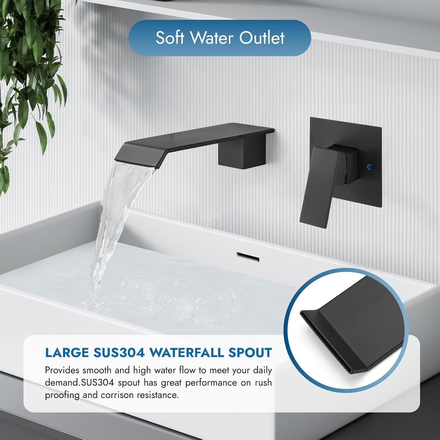 Grifo de lavabo de baño de montaje en pared, color negro mate, grifo de baño de una sola manija con boquilla de bañera de cascada, grifos de bañera,