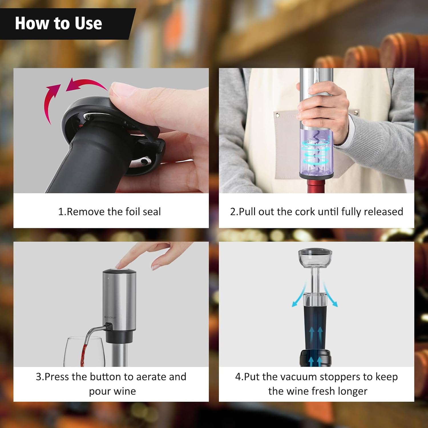 RUIVOKUR Juego de abridor de vino eléctrico, abridor automático de vino y aireador, juego 6 en 1 recargable, abridor de botellas de vino eléctrico,