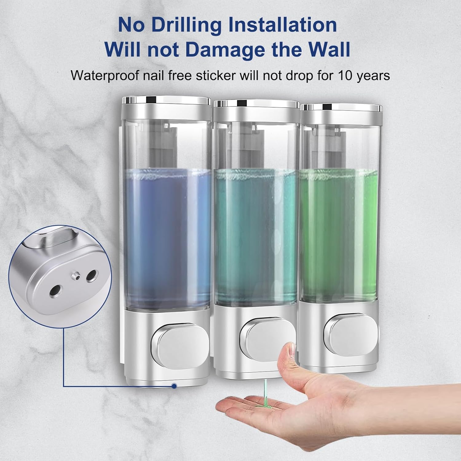 6pcs Shampoo and Conditioner Dispenser No Drill Shower soap Dispenser Wall Mounted 3 Chamber for Bathroom, Kitchen,Hotel Pumps are Easy to use No