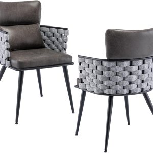 BFZ Juego de 2 sillas de comedor modernas de mediados de siglo con patas de metal, sillas de comedor tejidas de piel sintética para comedor, cocina, BFZ Juego de 2 sillas de comedor modernas de mediados de siglo con patas de metal, sillas de comedor tejidas de piel sintética para comedor, cocina,