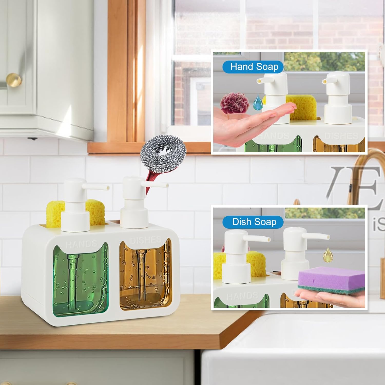 Juego de dispensador de jabón de cocina, con jabón de manos y platos, organizador de esponja y soporte para cepillo 4 en 1, dispensador de jabón