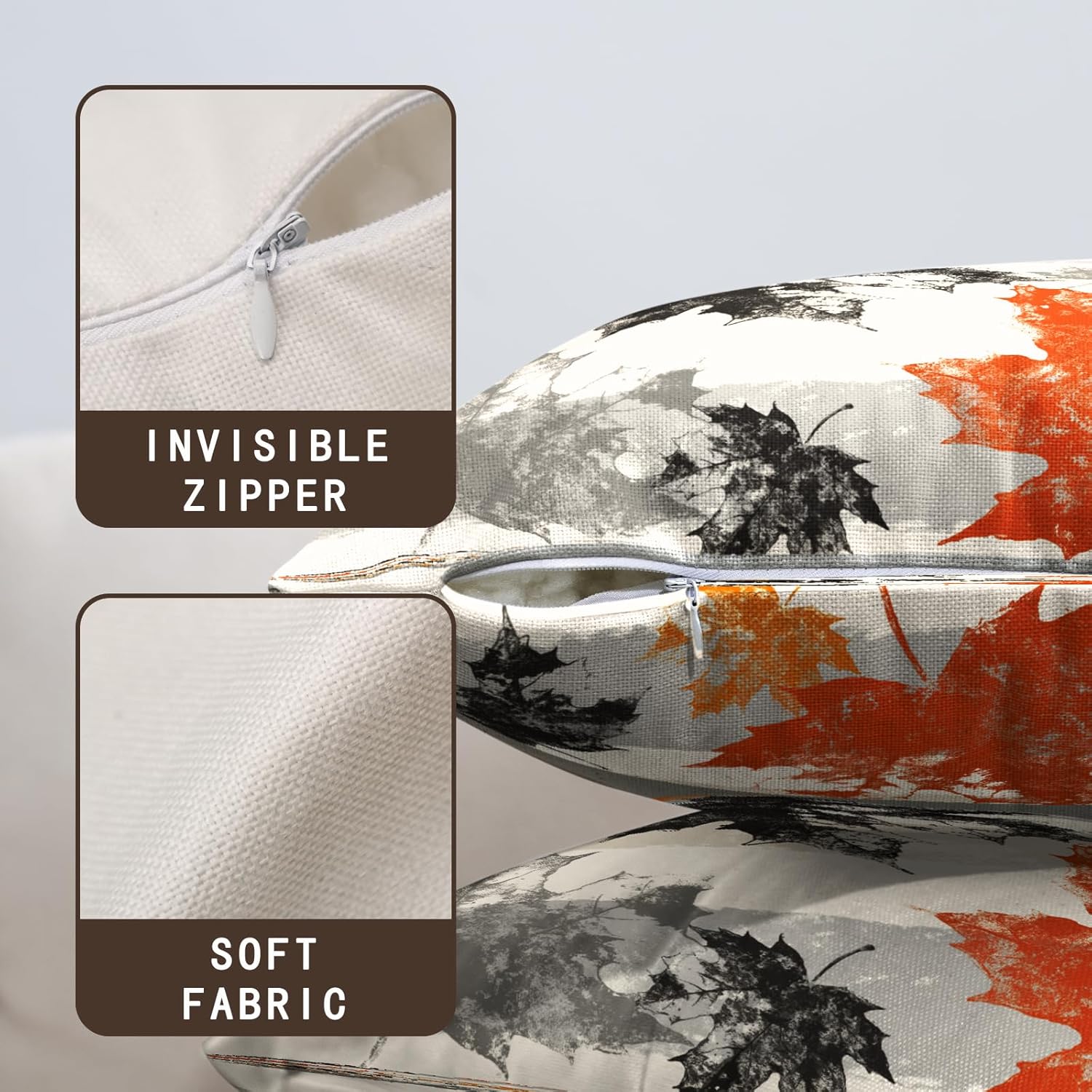 Juego de 2 fundas de almohada de hojas de otoño de 18 x 18 pulgadas, fundas de almohada decorativas de hojas de arce otoñales a rayas grises, fundas