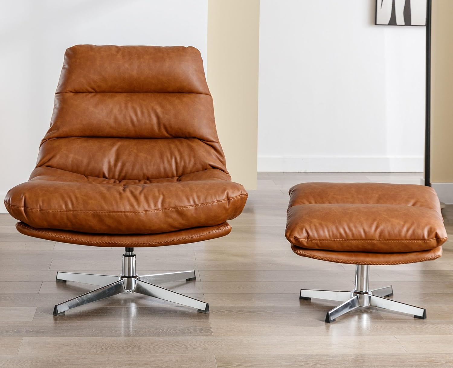 VESCASA Silla decorativa giratoria tapizada con otomana, silla de lectura Leathaire con reposapiés, cómodo juego de sillas de descanso con taburete
