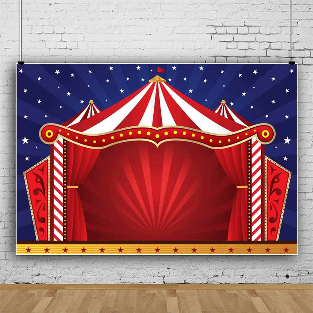 Laeacco Telón de fondo rojo para tienda de campaña de circo de dibujos animados, rayas rojas y blancas, cortina roja de circo, 5 x 3 pies, fondo de