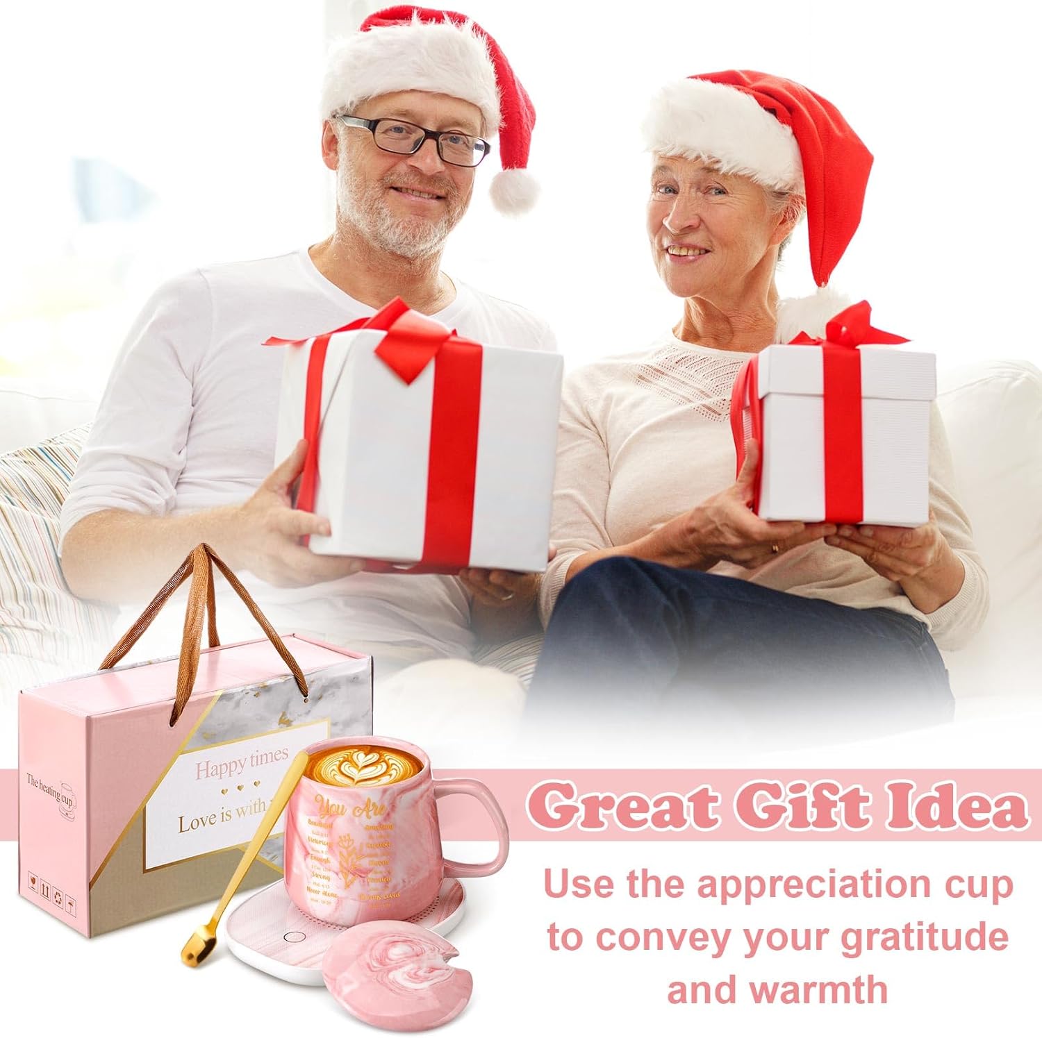 Regalos cristianos, calentador de café con versículo bíblico con taza para mujer, taza de mármol rosa, plato de calentamiento, regalo de cumpleaños,