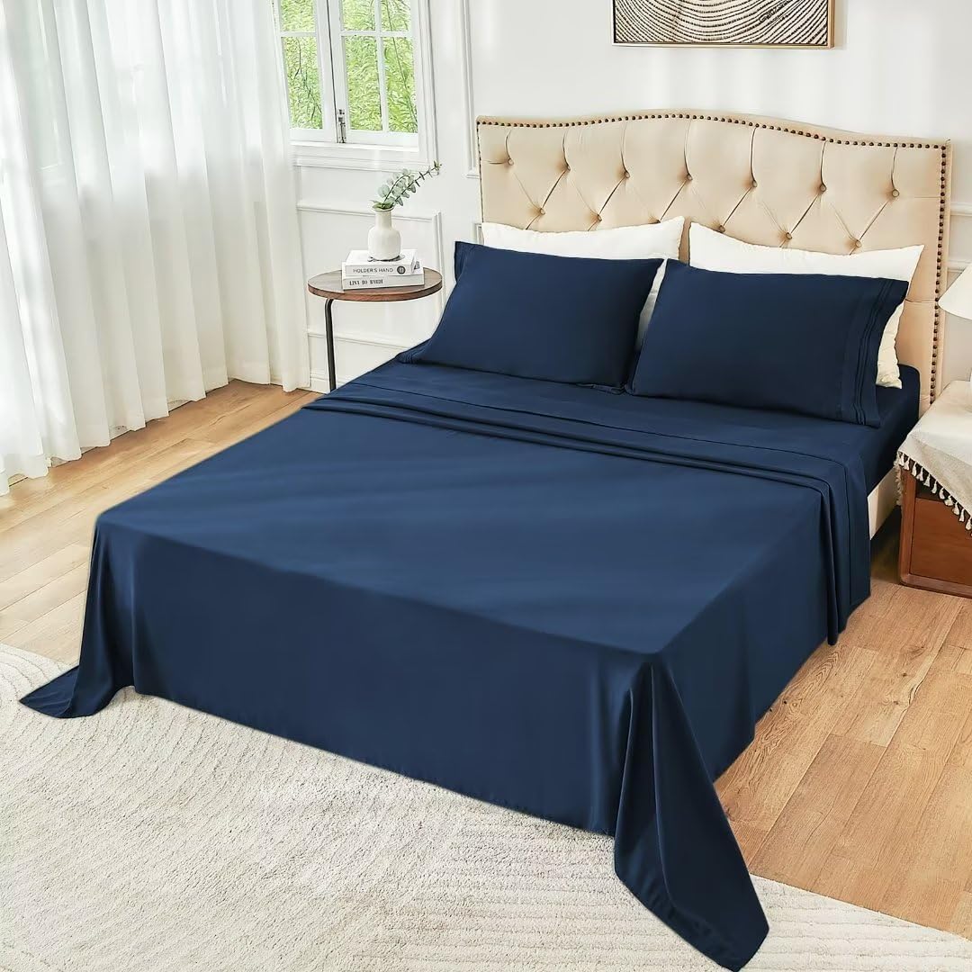 Juego de sábanas de tamaño matrimonial, color azul marino, sábanas bajeras y fundas de almohada, 4 piezas de microfibra suave y refrescante para