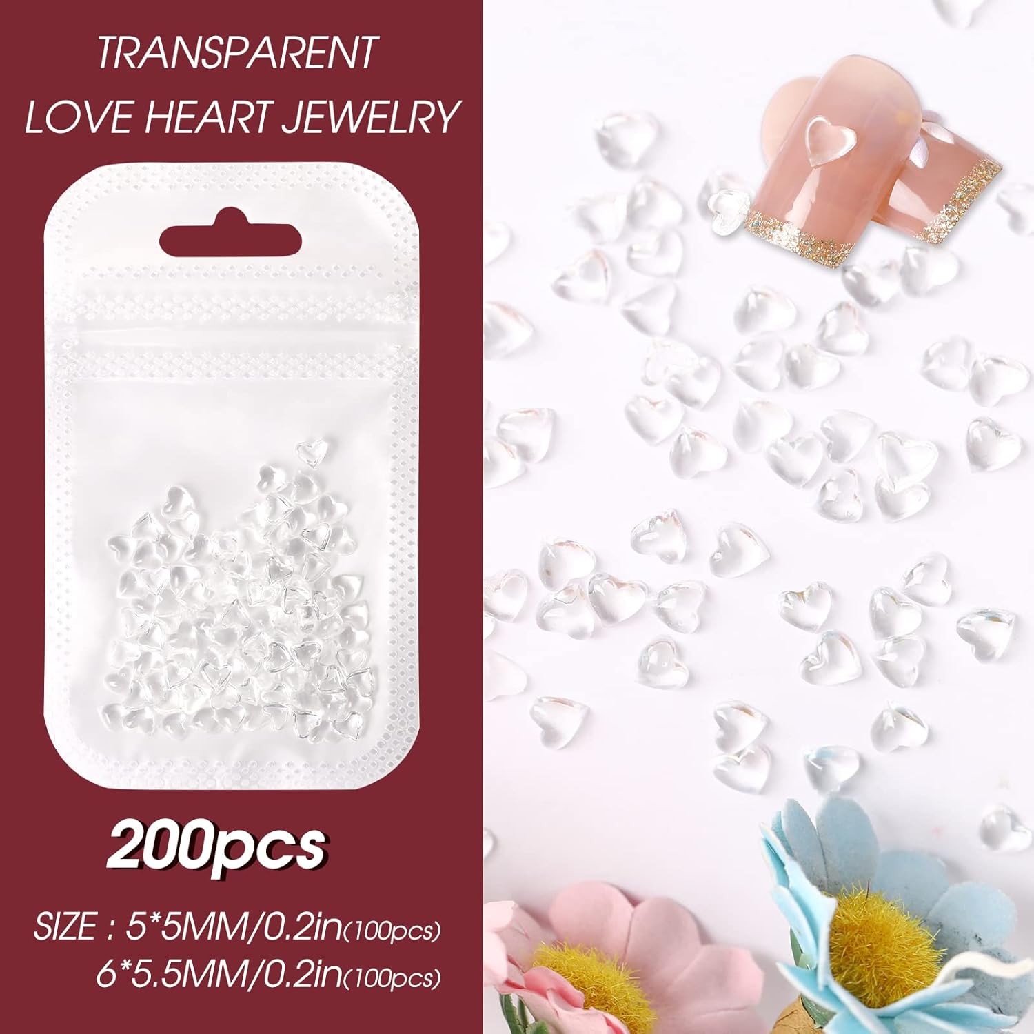 200 dijes de arte de uñas de corazón transparente, diamantes de imitación de corazón 3D de tamaño mixto para uñas, gemas de corazón para uñas