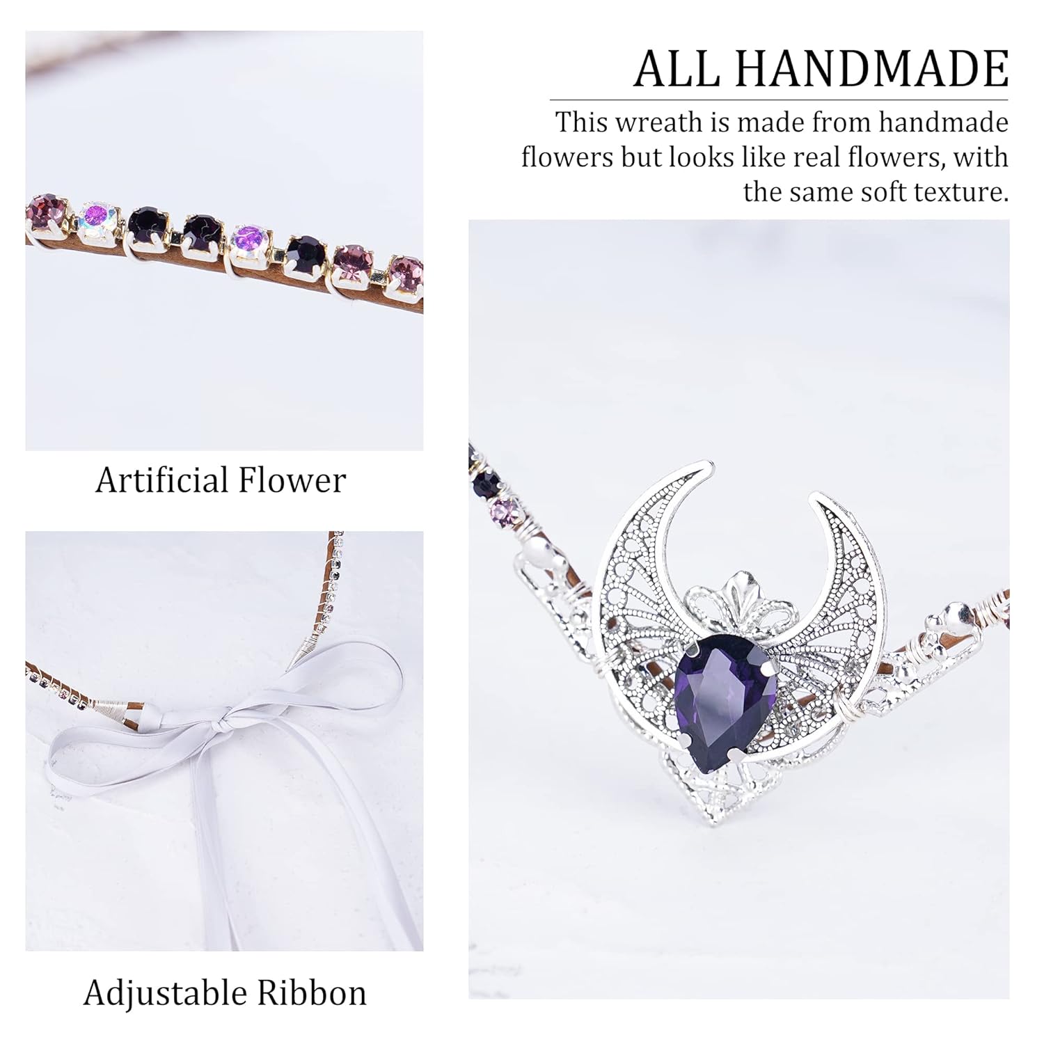 MOSTORY Handmade Silver Moon Fairy Crown Rhinestone Elf Headpiece Elven Tiara for Princess Goddess Cosplay Wedding Bridal Shower Renaissance Faire
