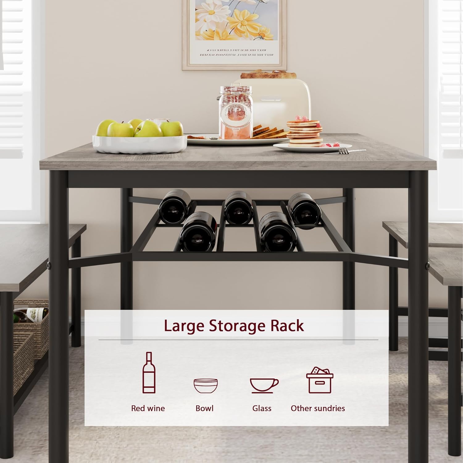 IDEALHOUSE Juego de mesa de comedor para 4, mesa de cocina y 2 sillas con banco de almacenamiento, juego de mesa de cocina rectangular de 47.2