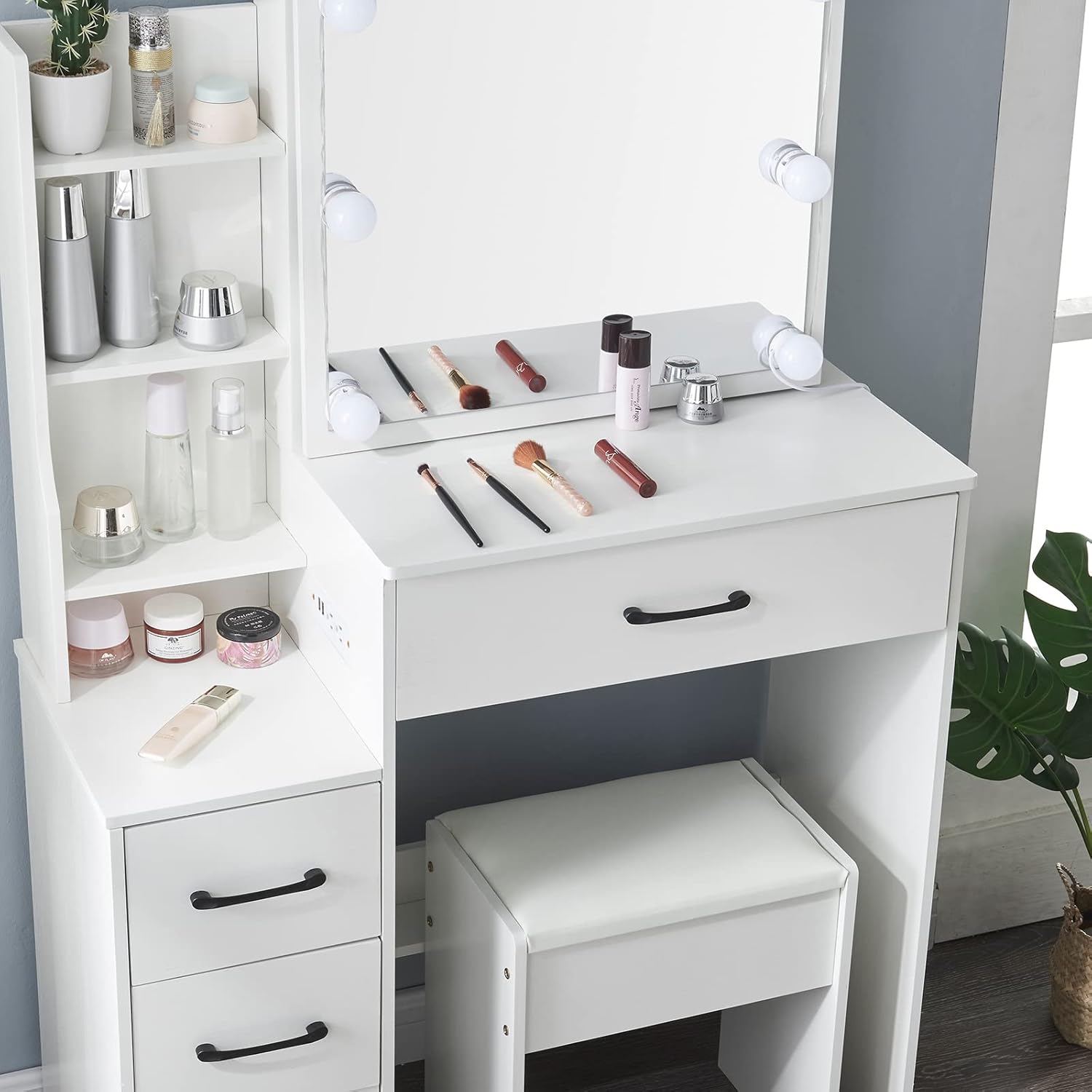 Mesa de tocador blanca con espejo y luces, espejo de tocador con luces, escritorio y silla para dormitorio, escritorio de tocador con 4 cajones de