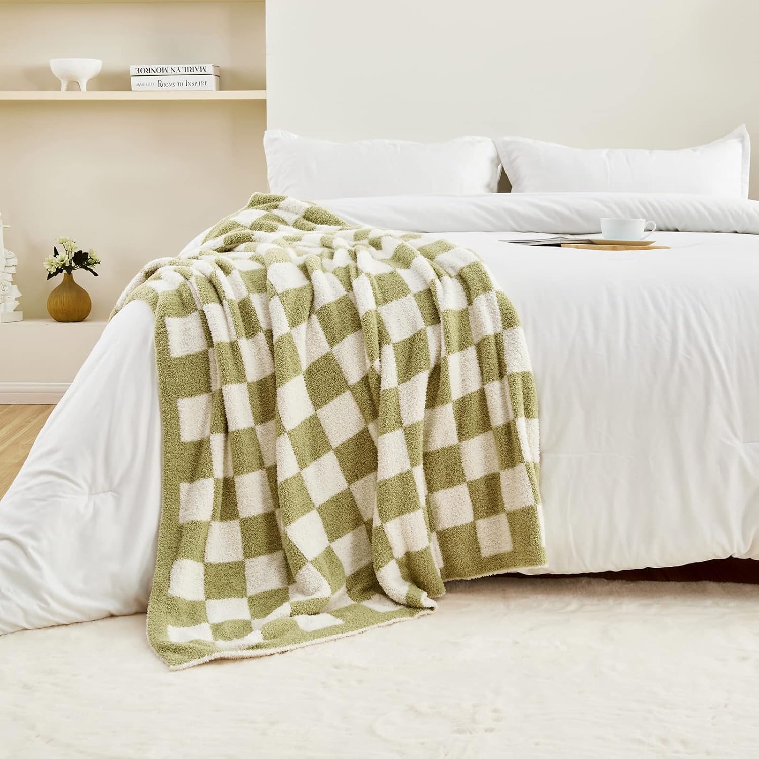 Manta de cuadros ultra suave y acogedora manta de cuadros verde salvia, cálida y esponjosa, manta a cuadros verde salvia y blanco para sofá y cama,