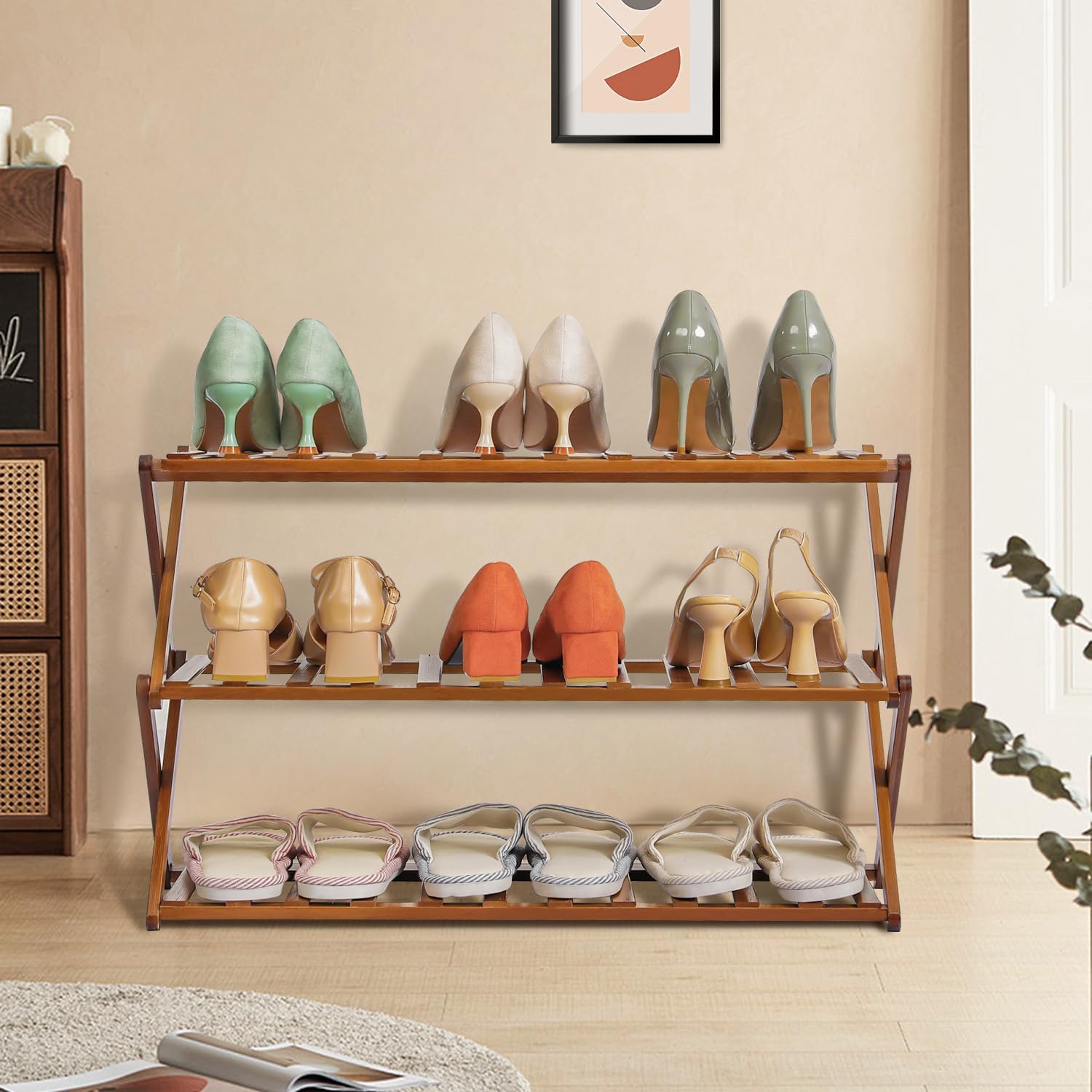 Magshion Organizador de zapatos plegable de bambú, estantes de zapatos apilables con estantes para sala de estar, entrada, oficina, vestíbulo,