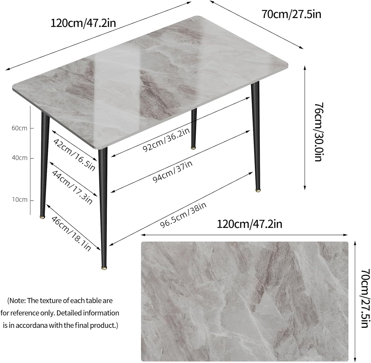 Wisfor Mesa de comedor de piedra sinterizada mesa de cocina gris de 47.2 x 27.5 pulgadas con patas de metal – Mesa de desayuno de 6 asientos para