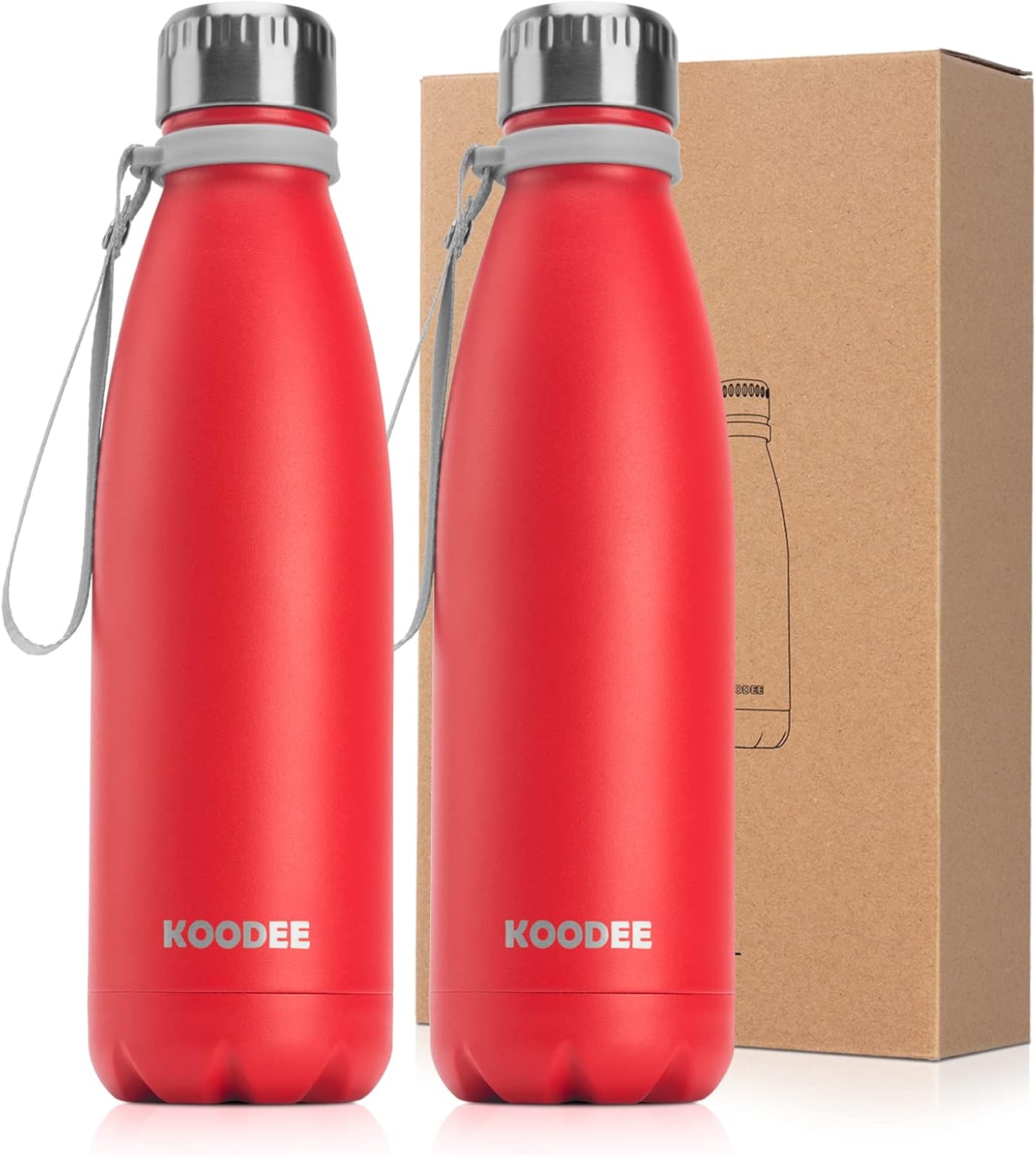 koodee Botella de agua aislada, paquete de 2 botellas de agua deportivas de acero inoxidable de doble pared a prueba de fugas en forma de cola que
