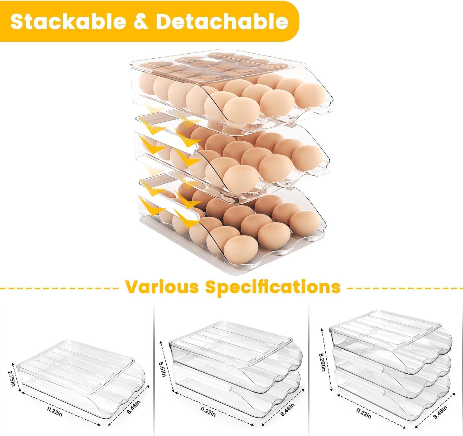 Soporte para huevos para refrigerador, contenedor de huevos rodante de gran capacidad para con tapa desmontable, cubos organizadores apilables para