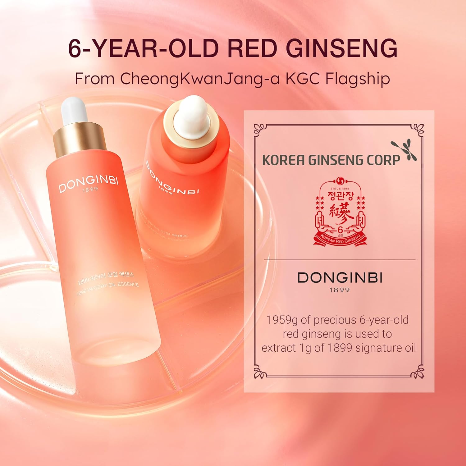 Donginbi Esencia de aceite acuoso de ginseng rojo 1899 (1.0 fl oz), esencia facial de absorción rápida para brillo de piel con aceite de ginseng rojo