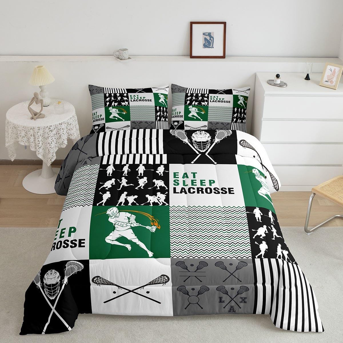 Erosebridal Eat Sleep – Edredón de lacrosse para niños, jóvenes y adultos, ropa de cama matrimonial de jugador de lacrosse, juego de edredón con