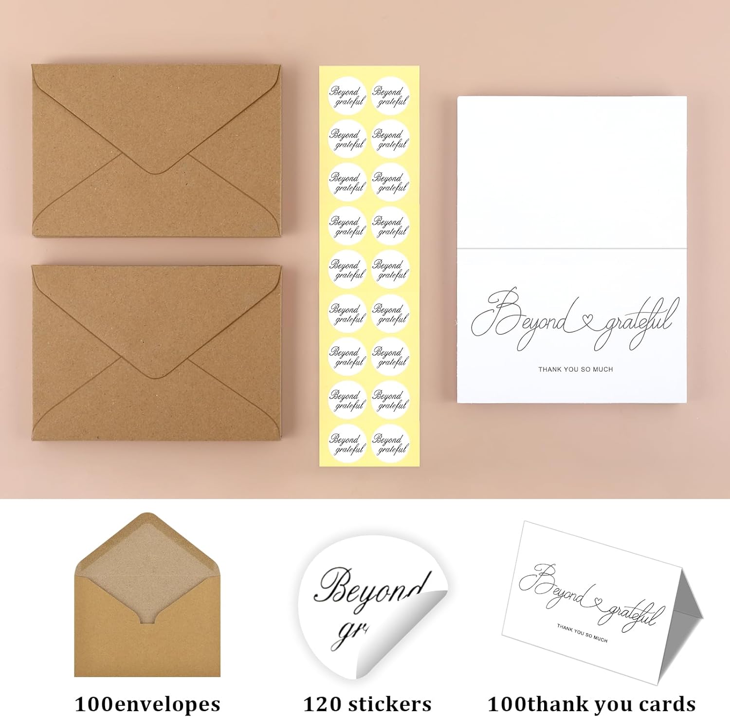 Tarjetas de agradecimiento con sobres y calcomanías, paquete a granel de 100 unidades, pequeñas tarjetas de agradecimiento en blanco de 4 x 6