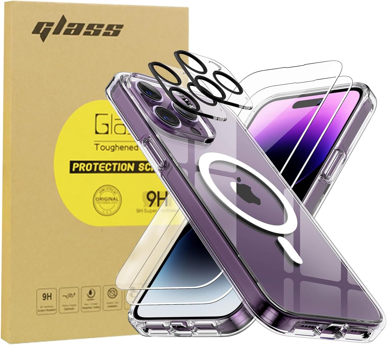 Magsafe – Funda 5 en 1 para iPhone 13  1 funda magnética transparente antiamarillamiento con 2 protectores de pantalla de vidrio templado OG + 2