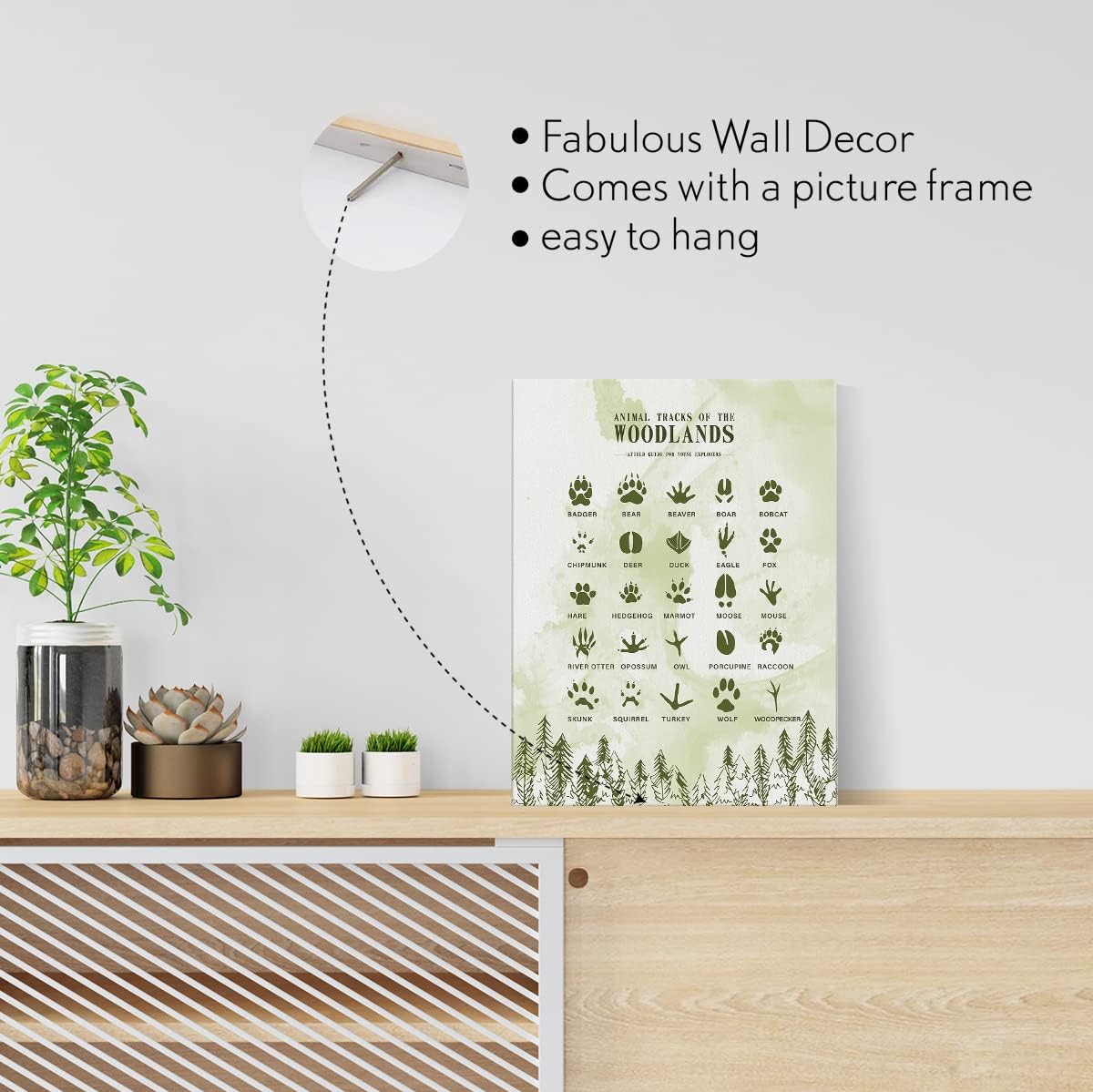 Pistas de animales de los bosques – Lienzo enmarcado para decoración de pared para sala de estar, dormitorio, arte de bosque, acuarela, lienzo