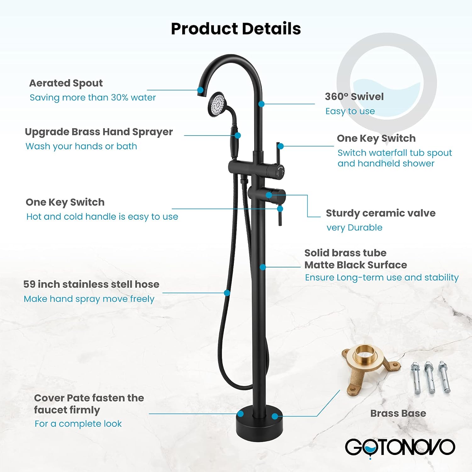 gotonovo Llenador de bañera independiente negro mate con ducha de mano de cerámica para montaje en el suelo, grifo de bañera de latón de alto flujo