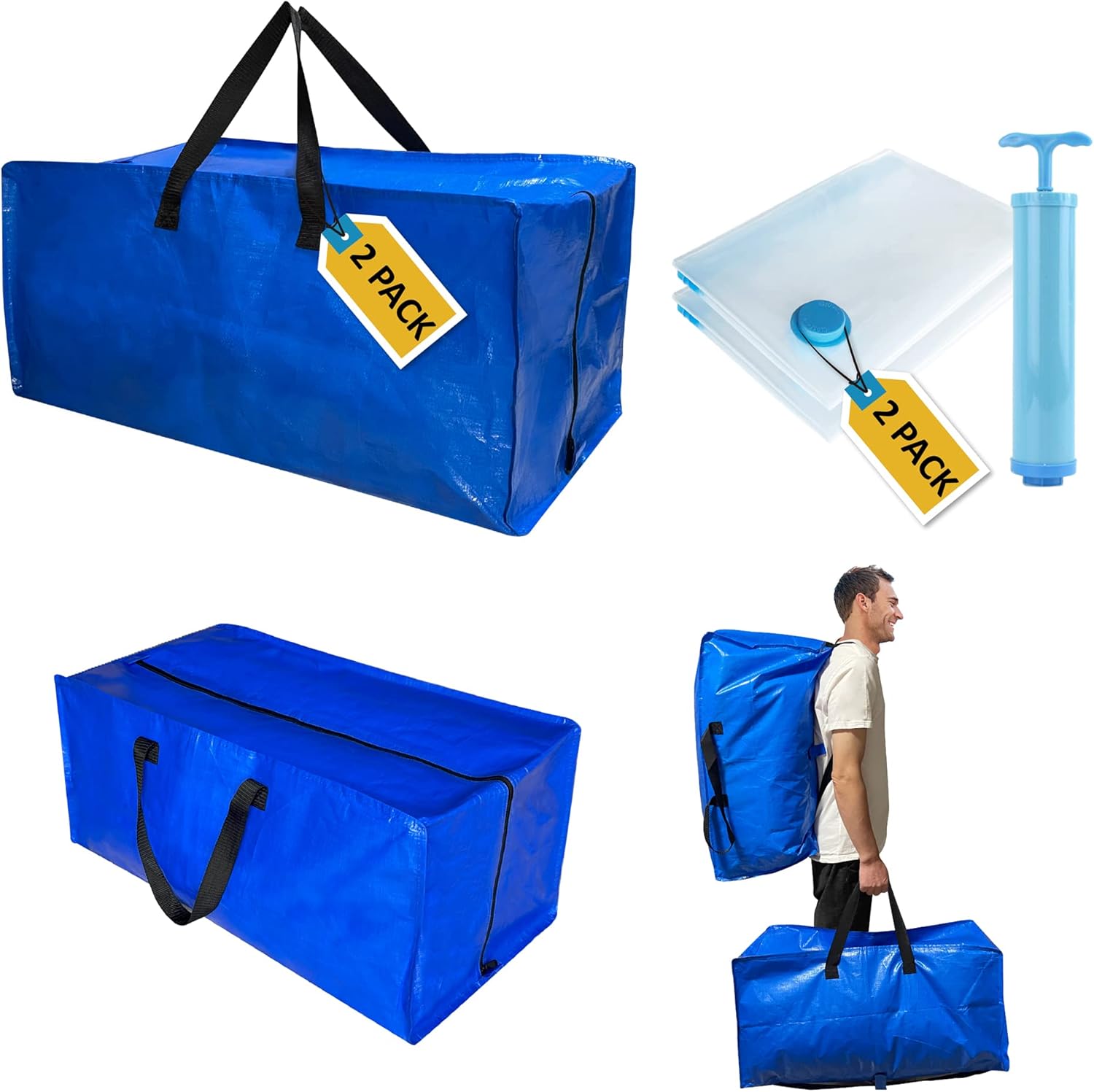 Paquete de 4 bolsas de mudanza extra grandes resistentes con correas de mochila y suministro de almacenamiento al vacío, asas y cremalleras para
